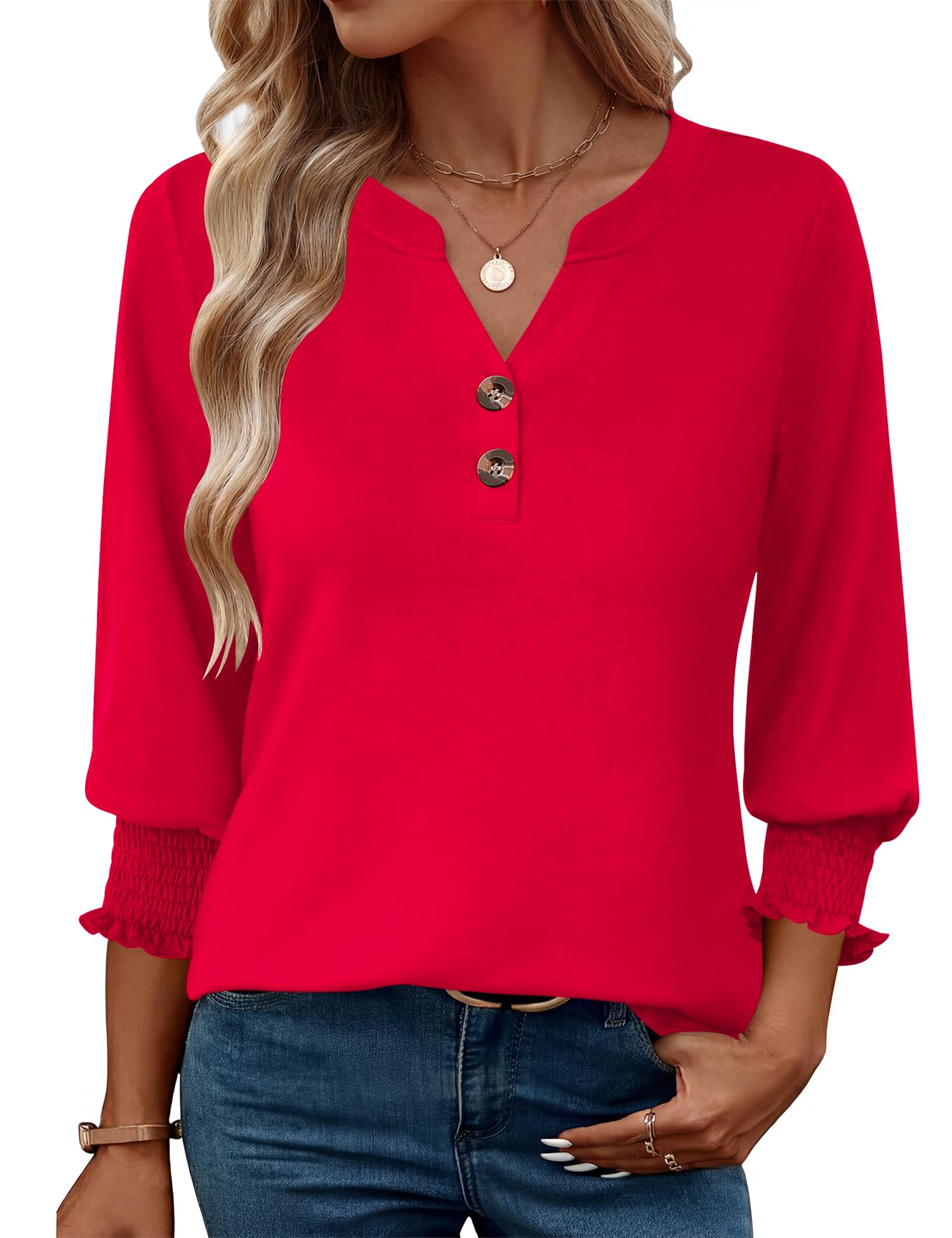 Rapbin Damen Bluse 3/4 Arm V-Ausschnitt Oberteile Knopfleiste Tunika Elegant Lässig Business Blusen Sommer Tops