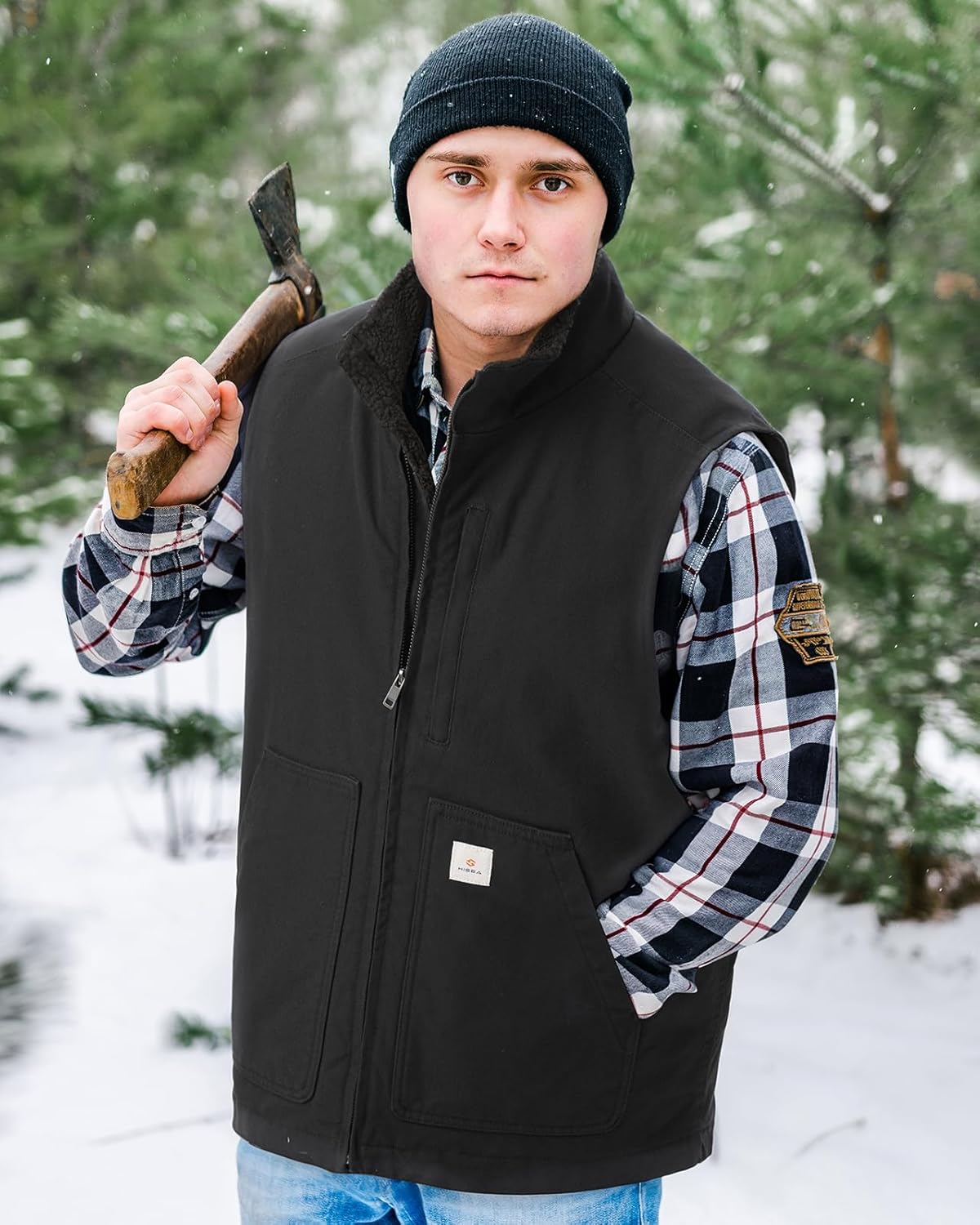 HISEA Men's Washed Duck Sherpa-Lined Vest, Mens Loose Fit Winter Insulated Canvas Workwear Mock-Neck Vest - Image 3