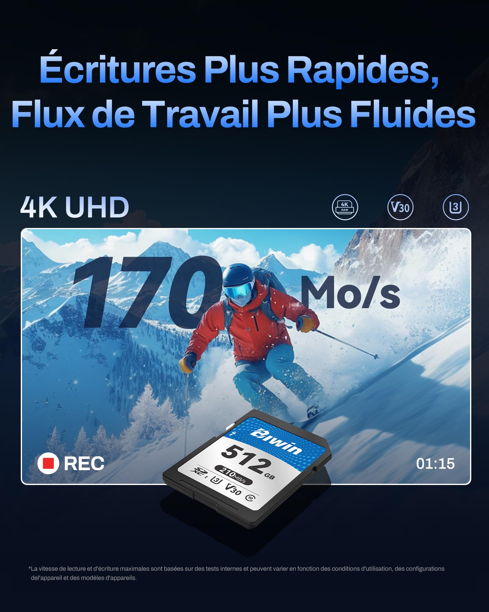 Carte SD Biwin SD210, 512 Go, SDXC V30 UHS-I, Classe 10, jusqu'à 210 Mo/s en Lecture. Robuste, Compatible 4K UHD. Idéale pour créateurs.