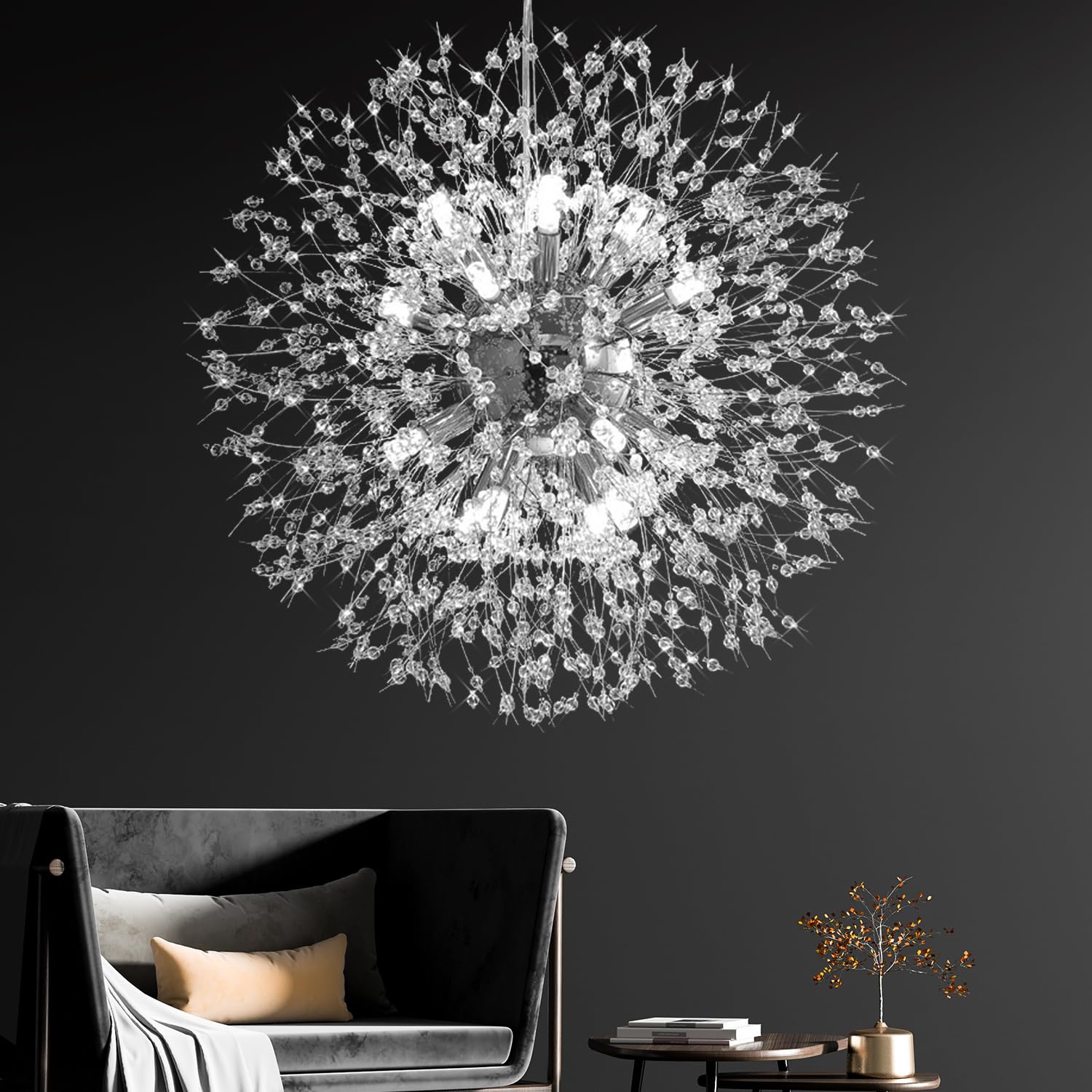 Crystal Chandelier, Firework Modern Beaded Chandeliers, Dandelion Chrome Pendant Lamp, Hanging Lighting Fixture for Bedroom, Dining Room, Kitchen,