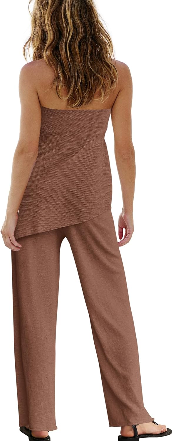 SENSERISE Womens 2 Piece Outfits Summer Knit Sweater Set Matching Lounge Set Off the Shoulder Tops and Pants - Image 4