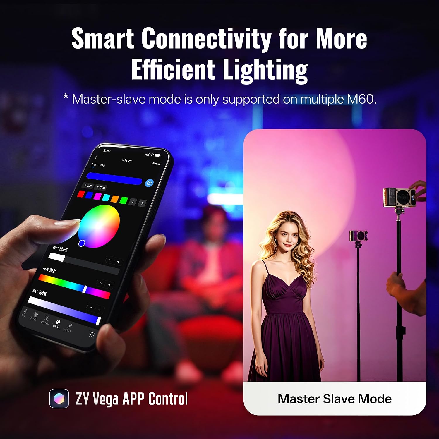 ZHIYUN FIVERAY M60 Ultra RGB Video Light 60W Portable Outdoor Fill Handheld Light 430g DSLR Camera Light with Cold Shoe Photography Light Setup for YouTube TK APP Control 2500K~10000K
