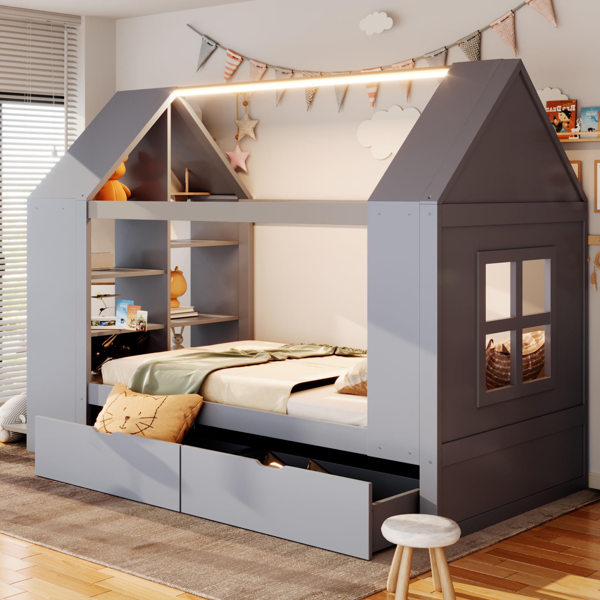Cama Infantil Montessori 90x200 cm con LED, Compartimentos, 2 Cajones