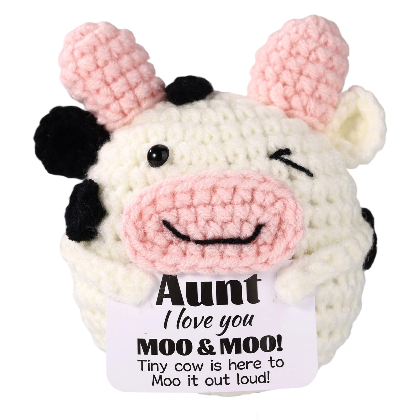 TOYMIS Positive Cow Crochet, Support Mini Handmade Knitted Doll with Encouragement Emotional Card Cute Office Desk Decor for Aunt