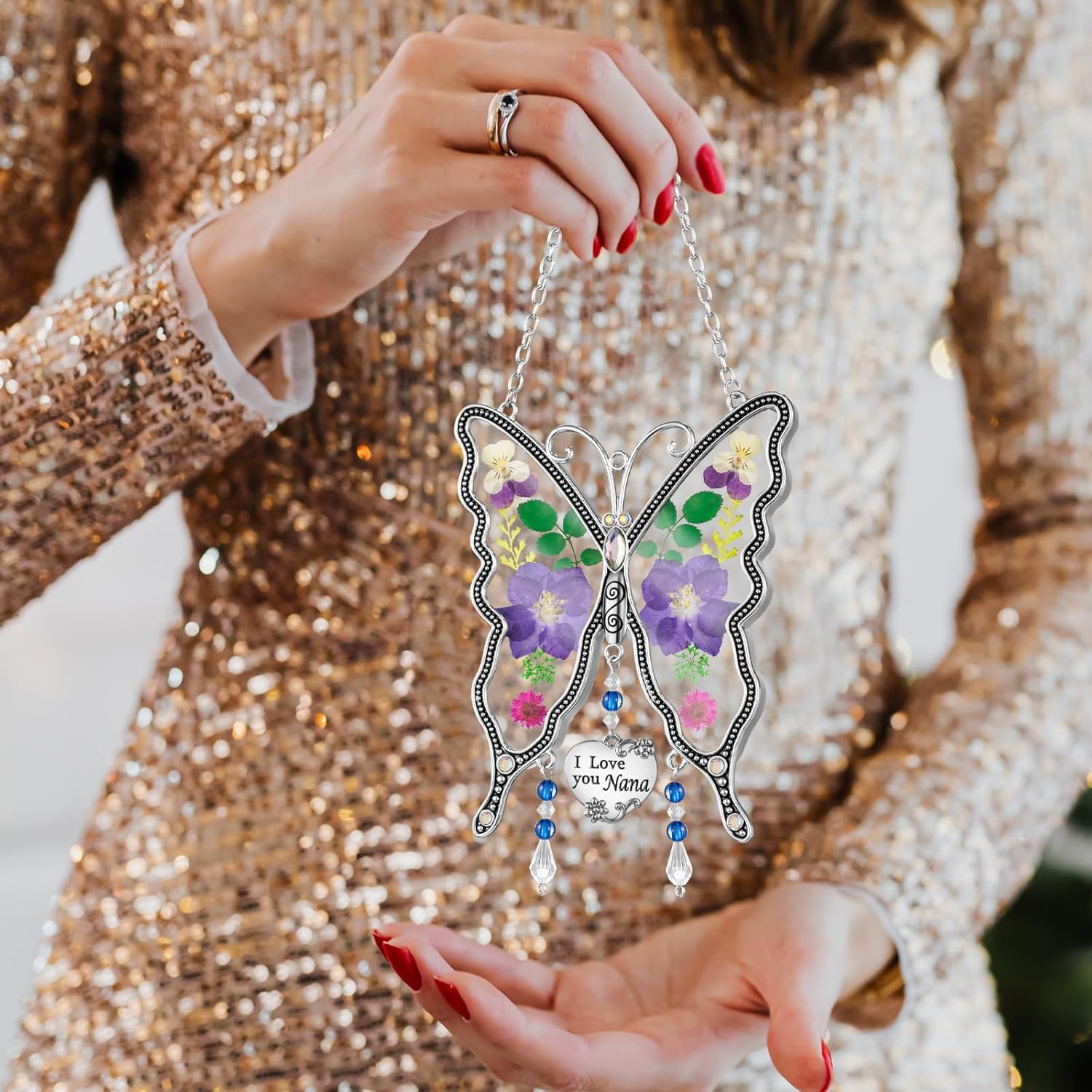 LARAINE Butterfly Suncatcher with Pressed Colourful Flower Wings Mom Mother's Day Butterfly Glass Wind Chime Ornament Charm with Metal Heart Gifts for Mom Grandma Aunt Birthday (Purple, Nana) - Image 7