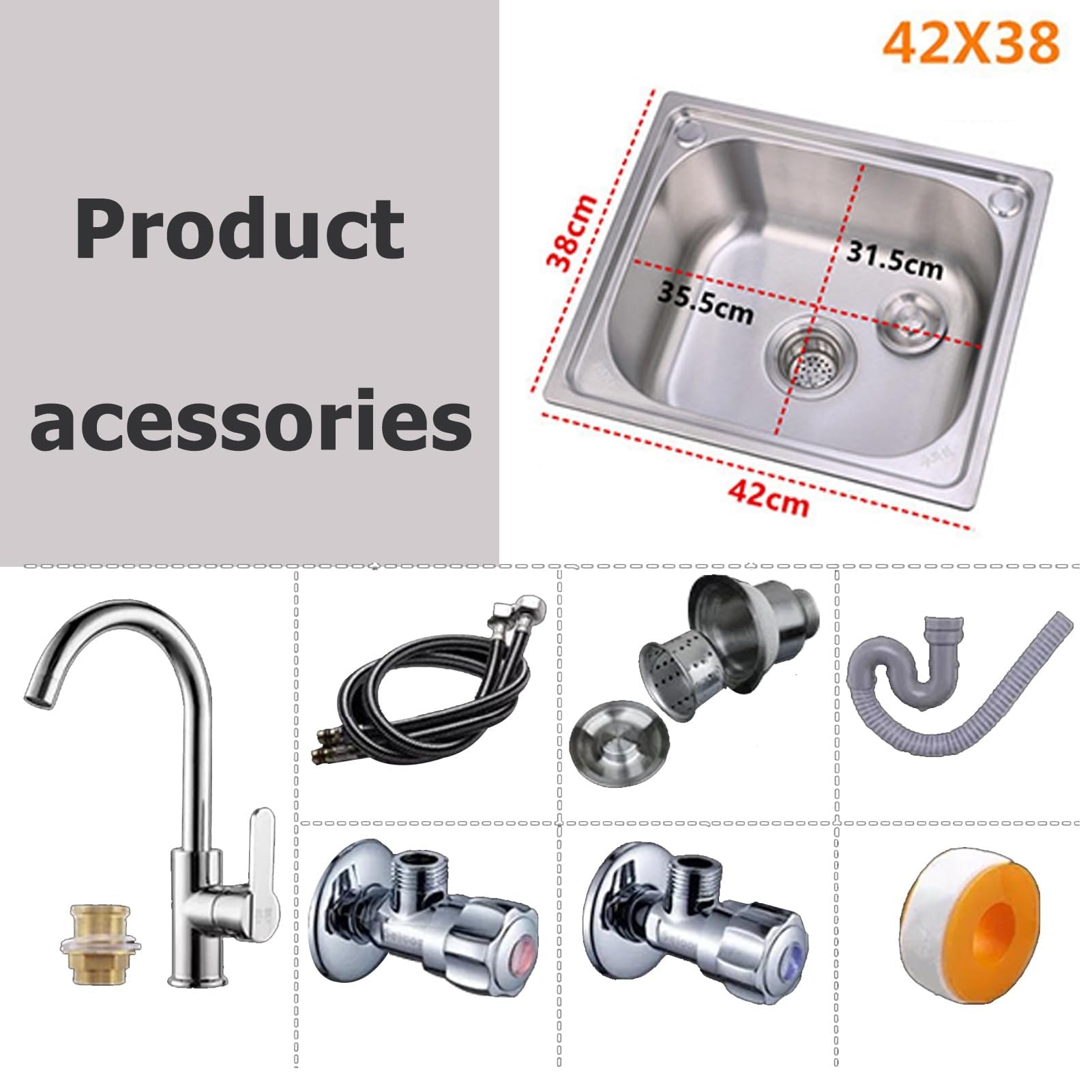SDdPulse Lavello da cucina in acciaio inox - Lavabo a vasca singola montato sulla parte superiore con rubinetto dell'acqua calda e fredda, filtro di scarico e tubi di ingresso, monocolore, 42 x 38 cm