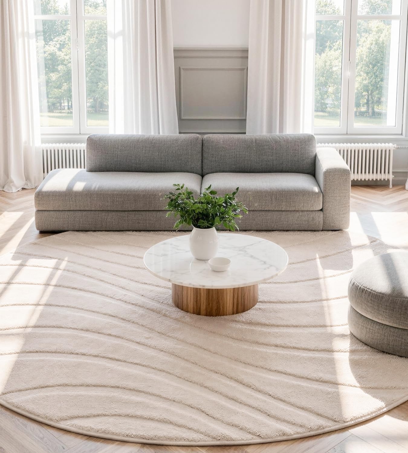 ROHATIM Runder Teppich Beige Ø 120 cm mit Relief-Struktur Wellen, Weicher Soft-Flanell, rutschfest, Waschbar & Faltbar, Deko-Akzent für Kinderzimmer & Leseecke