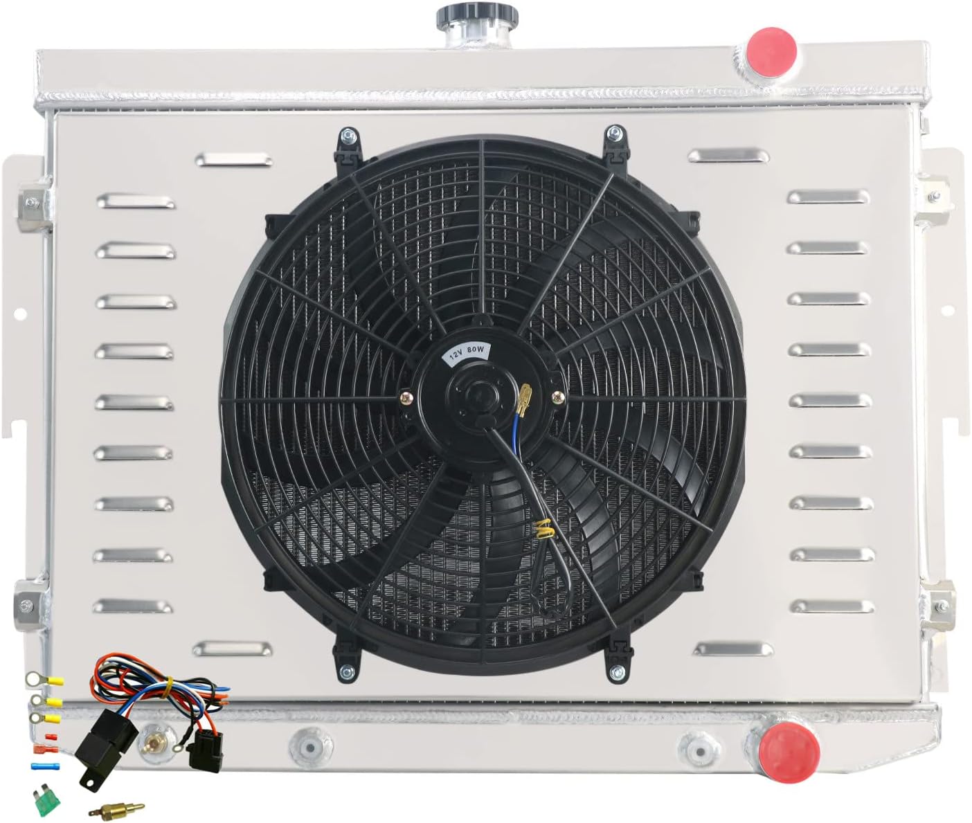 3 Row Aluminum Radiator For 1973-1975 Dodge Charger/Monaco/Coronet & 1974-1975 Chrysler Newport & 1974 Plymouth Satellite + Shroud + Fan + Relay