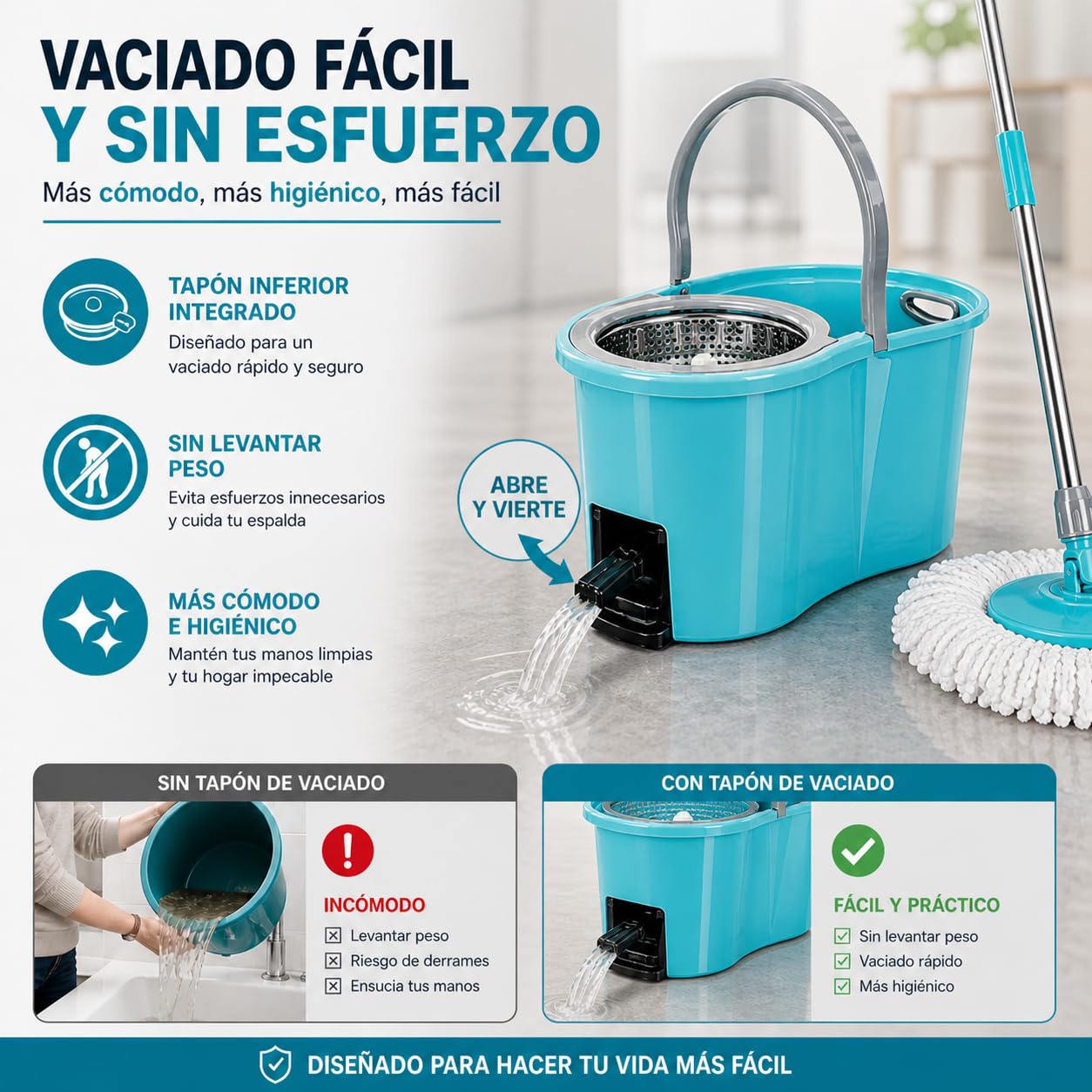 TIENDA EURASIA – Cubo Fregona Centrífugo con Mopa Giratoria 360º | con Escurridor | Mango Extensible | Tapón de Vaciado | Plástico PP y Acero Inoxidable | Azul Turquesa (Pedal - 12L - 25.5x47x23 cm)