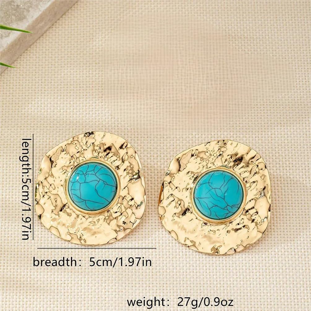 Gold Chunky Large Hammered Disc Turquoise Stud Earrings for Women Statement, Bohemia Vintage Big Circle Pearl Earring Trendy Western Party Jewelry Gift - Image 2