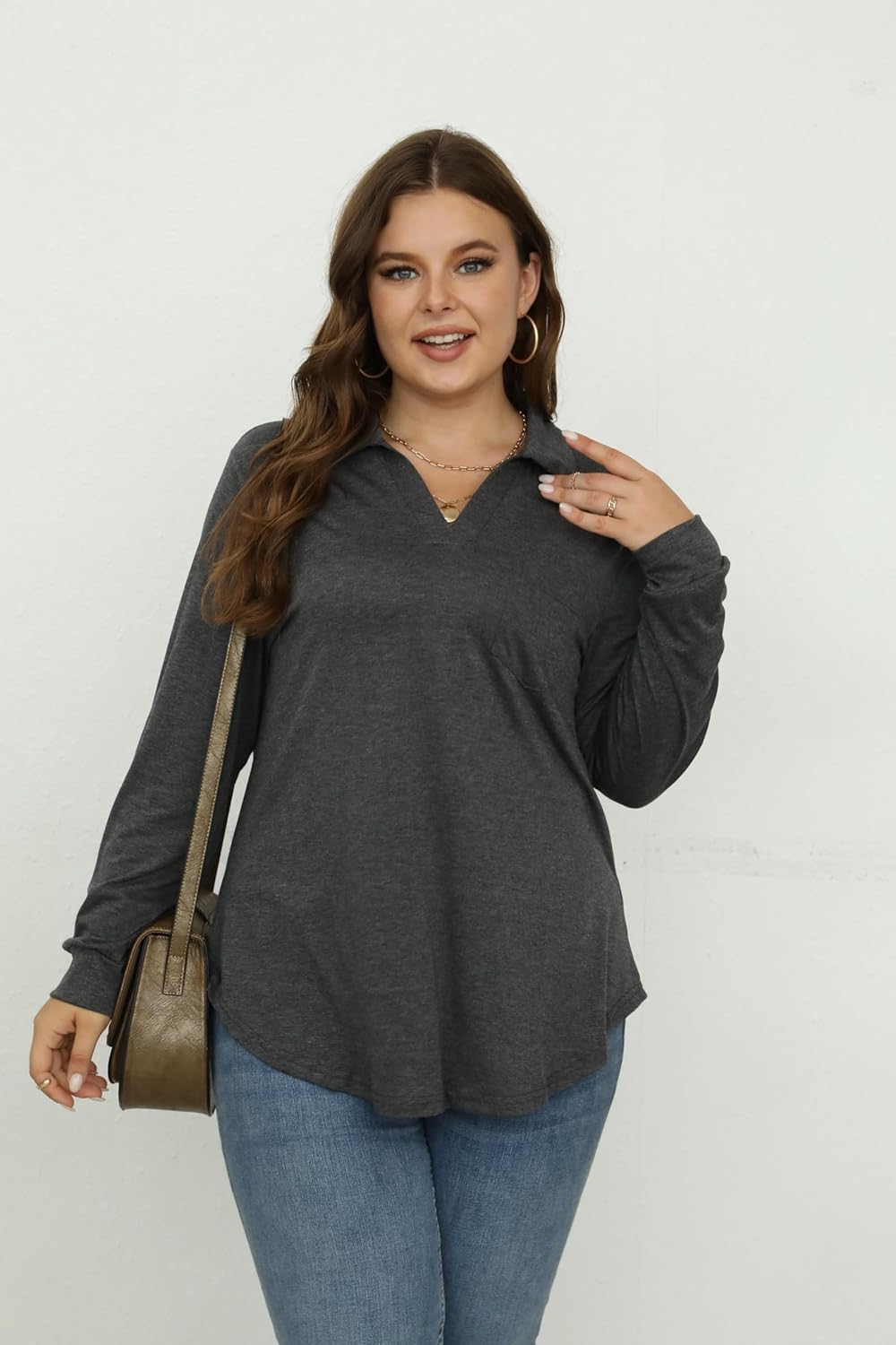 Women Plus Size Long Sleeve Collared V Neck Shirts Business Casual Work Tops Dressy Loose Tunic Blouses 1X-5X - Image 4