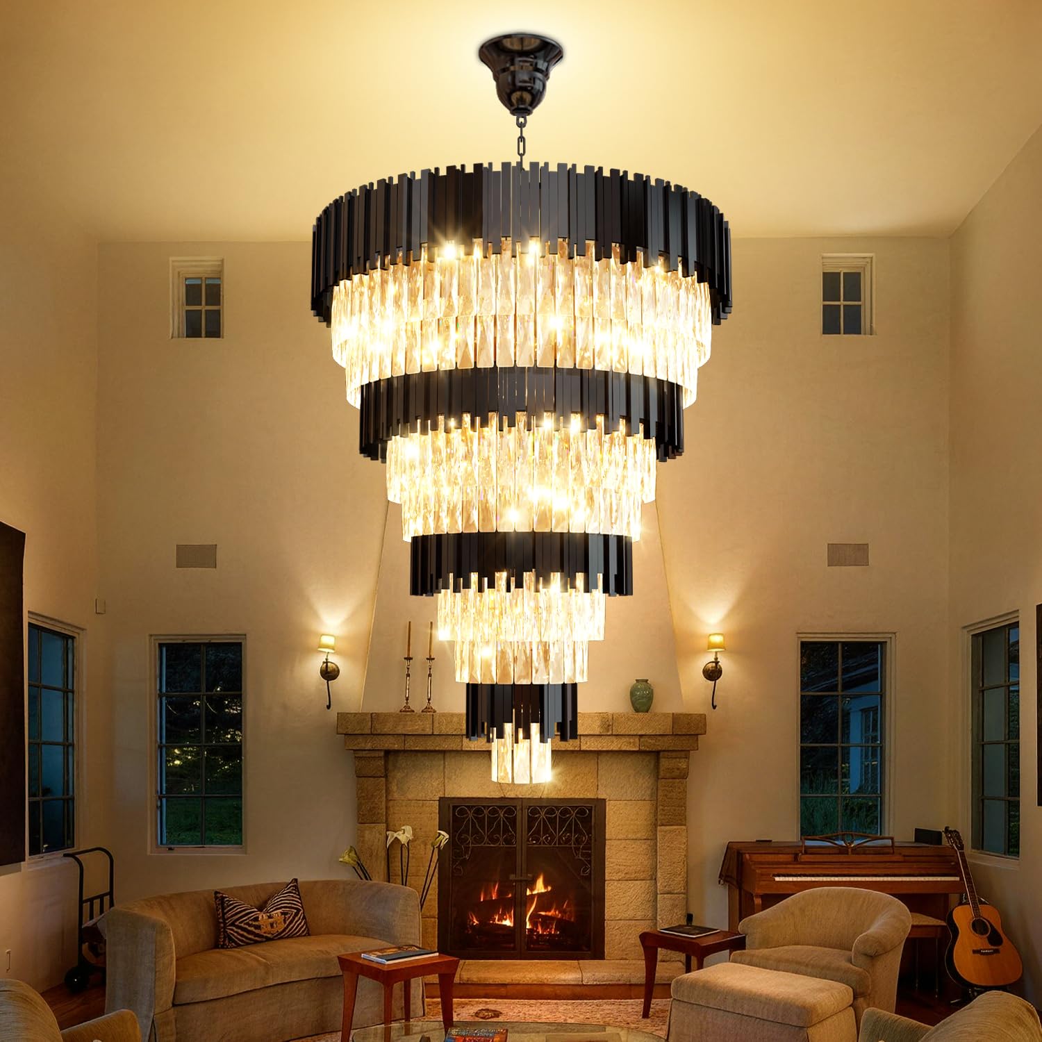 Photo 1 of IDEQUY Large 7-Tier Crystal Chandelier Lighting Luxury Black Long Staircase Chandeliers Foyer Villa Entrance Chandeliers for High Ceiling 19-Light E12 Bulb
