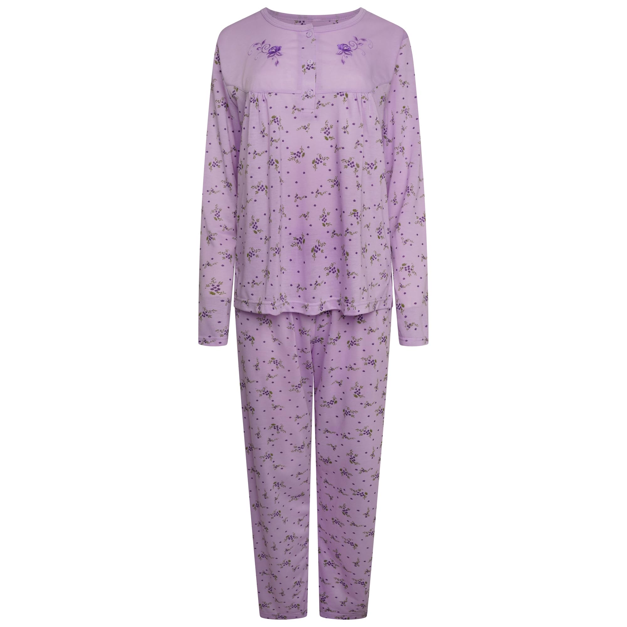 Nikaro Ladies Cotton Rich Daisy Print Button Tunic Long Sleeved Pyjama Set (XL) Purple
