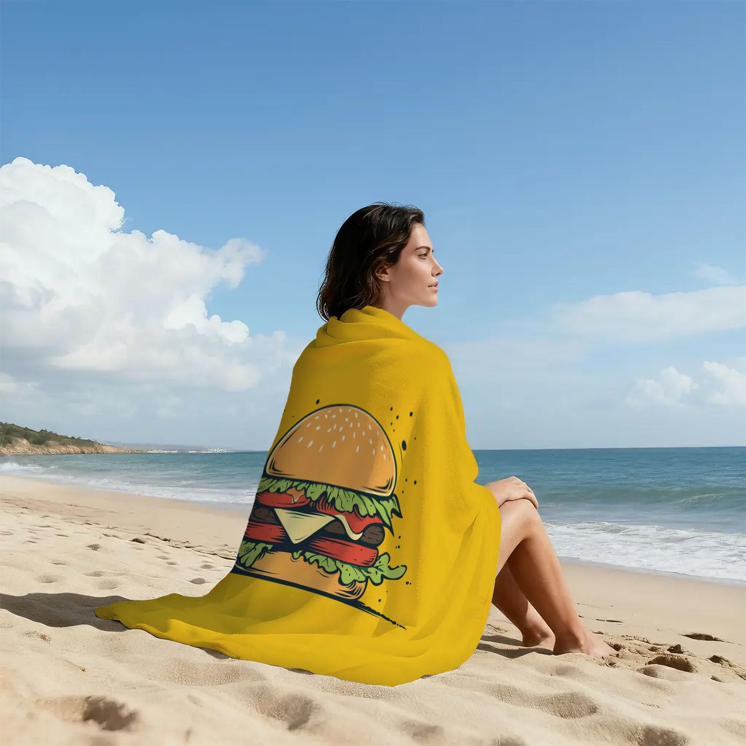 Générique Grande Serviette de Plage 180 x 100 CM,Drap de Plage Microfibre,Couverture de Plage Absorbante Rapide pour Amusant, Flat-Lay, Nourriture Cheeseburgers