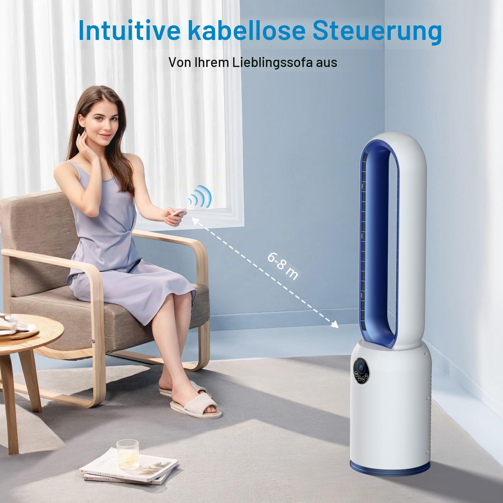 Turmventilator ohne Flügel 88cm – geräuschloser Standventilator mit 55W Motor, LED-Touchscreen & Fernbedienung, 12-Stunden-Timer, 90° oszillierend für Schlafzimmer & Büro (blau)
