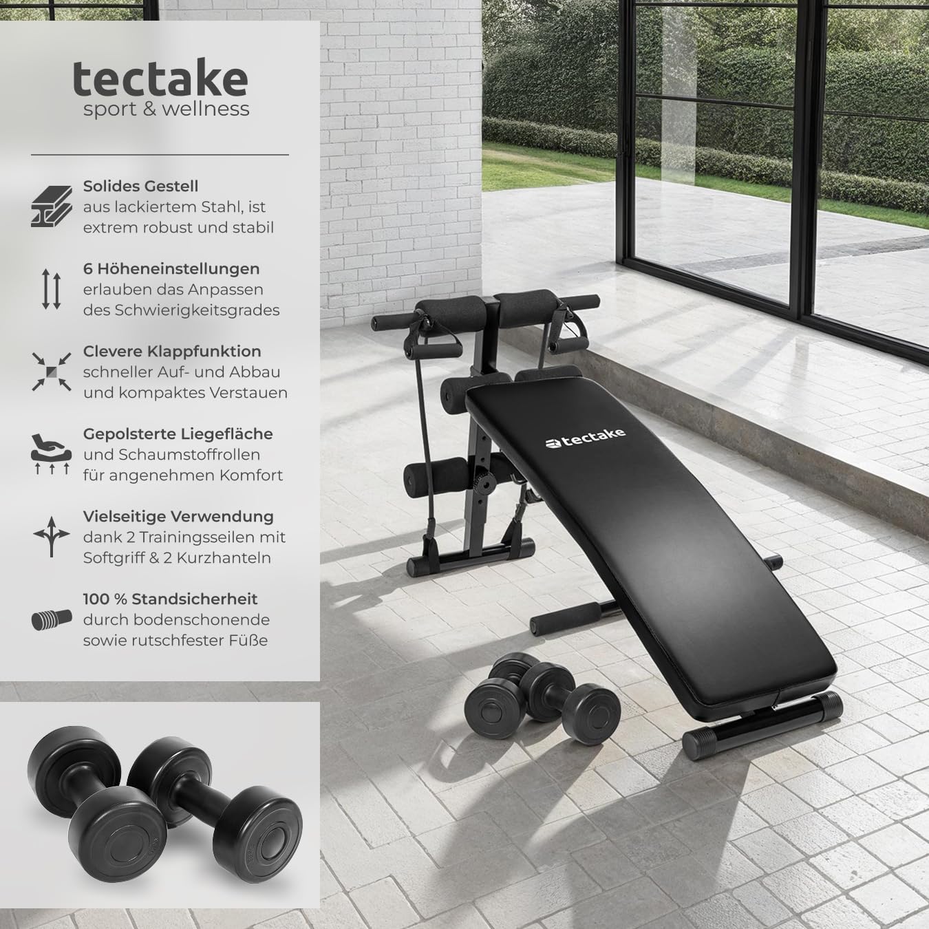 tectake® Bauchtrainer, multifunktionale Sit-Up Bank, Fitnessgeräte für zuhause, höhenverstellbar, Hantelbank klappbar, inkl. Hanteln und Trainingsseilen, Fitness Geräte für Home Gym Equipment
