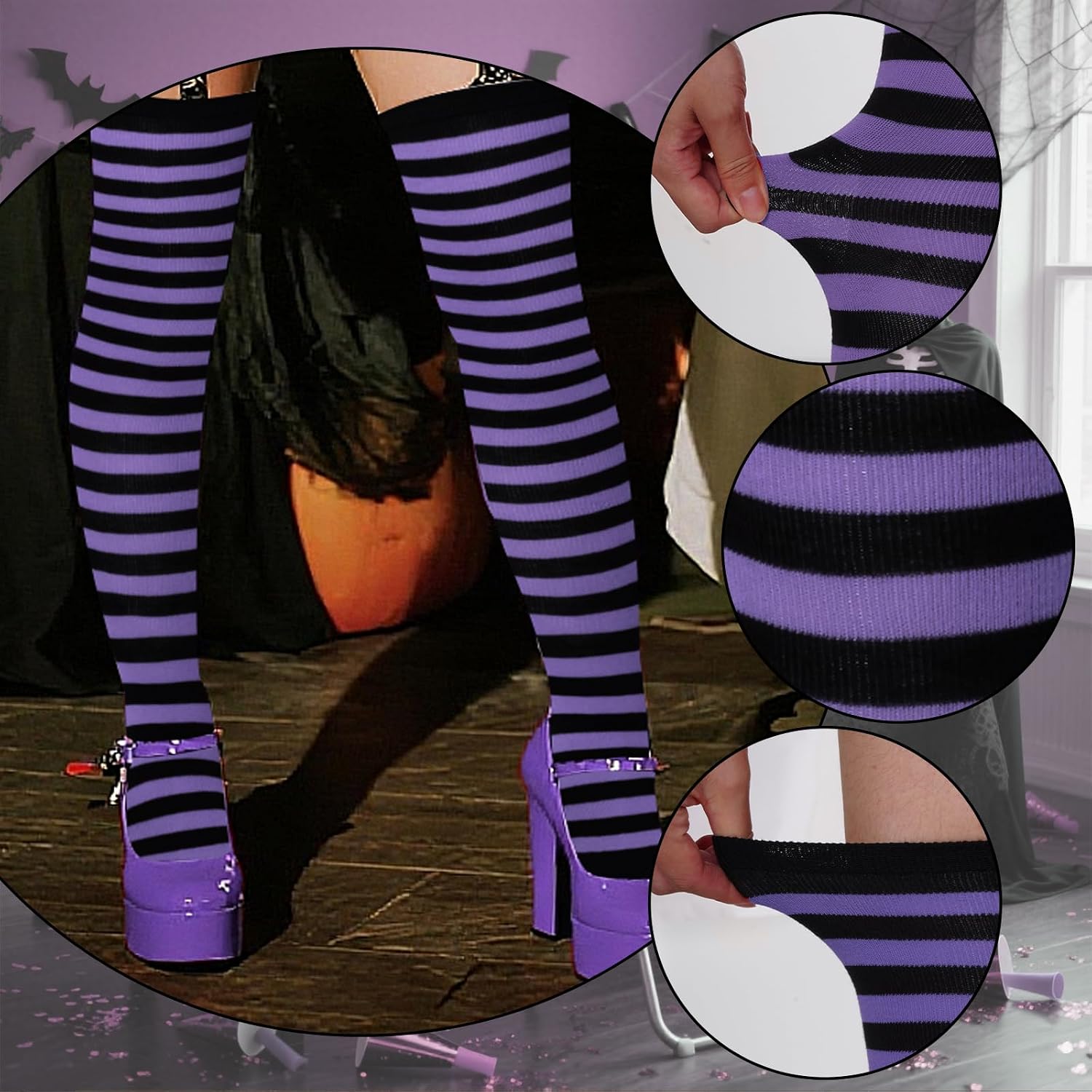 Striped Thigh High Socks, Halloween Witch Stockings Costume Accessories for Women, Over Knee High Socks Leg Warmers
