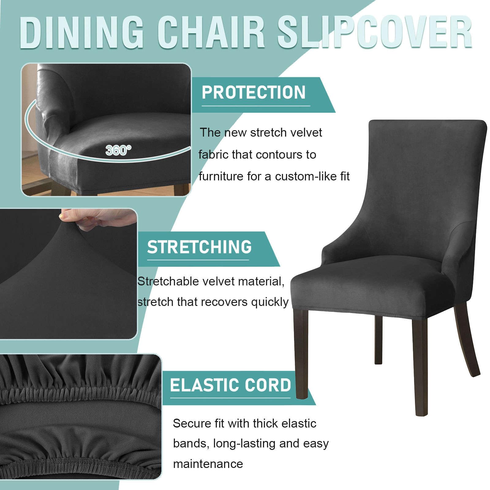 Lot de 2 housses de chaise en velours extensible, amovibles et lavables pour chaise de salle à manger, banquet – Noir
