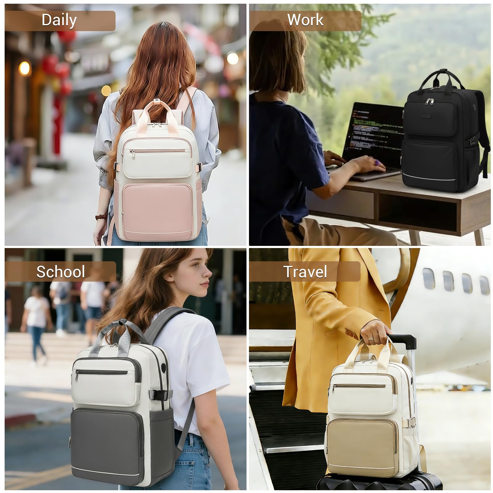 KONO Zaino Donna Porta PC 15,6 Pollici, Impermeabile e Grande Capacità con Tasca Porta Borraccia, Zaino Antifurto per PC Portatile, per Lavoro, Università e Viaggio (Nero)