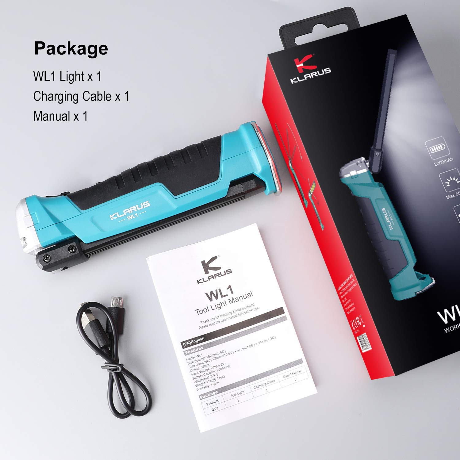 klarus WL1 Lampada da lavoro a LED 550 lumen, ricaricabile COB, con base magnetica e gancio, ruotabile di 180° e ripiegabile 7 modalità di illuminazione, adatta per la manutenzione di auto