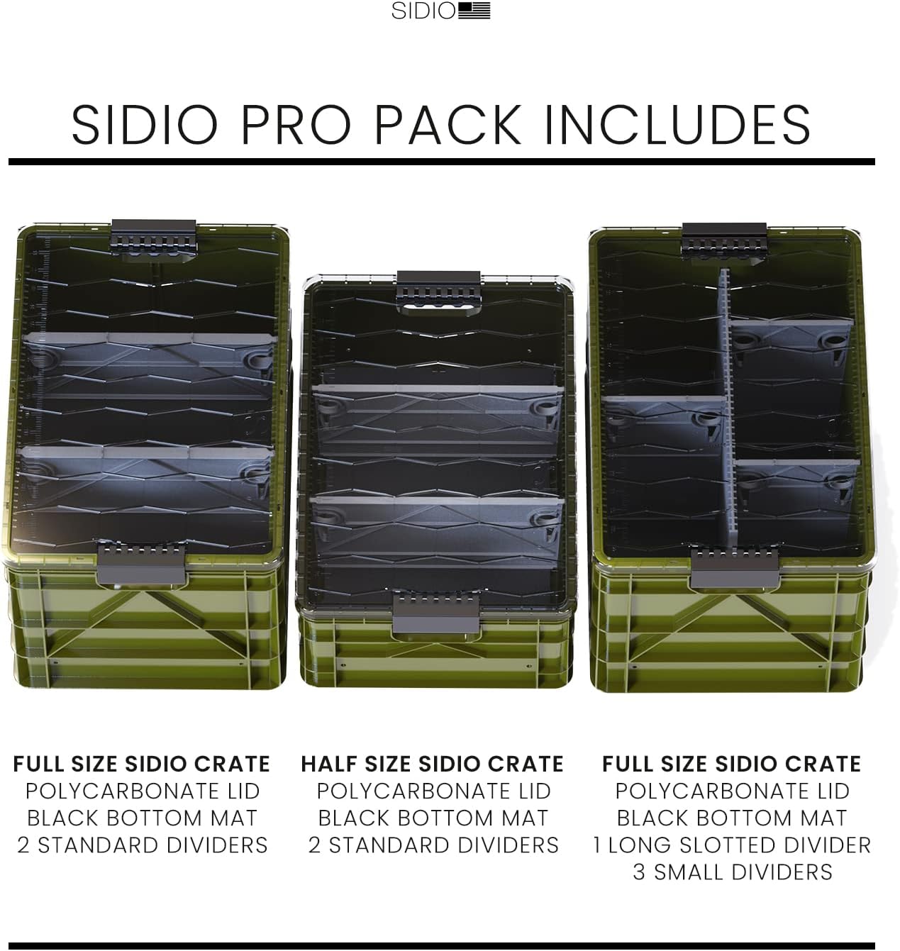 SIDIO Crate Pro Pack - 2 Full-Size & 1 Half-Size Heavy Duty Stackable Storage Bins, Totes and Containers with Lids and Dividers - Durable Plastic Organizer for Home, Office, Garage, and Outdoor Use