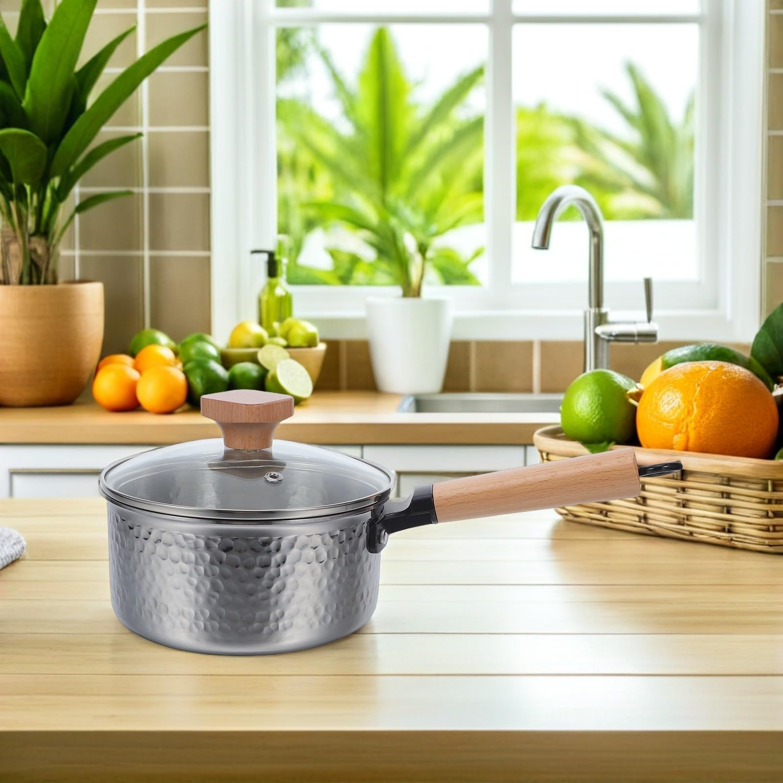 Pentola Giapponese in Acciaio Inox con Coperchio in Vetro, Martellata
