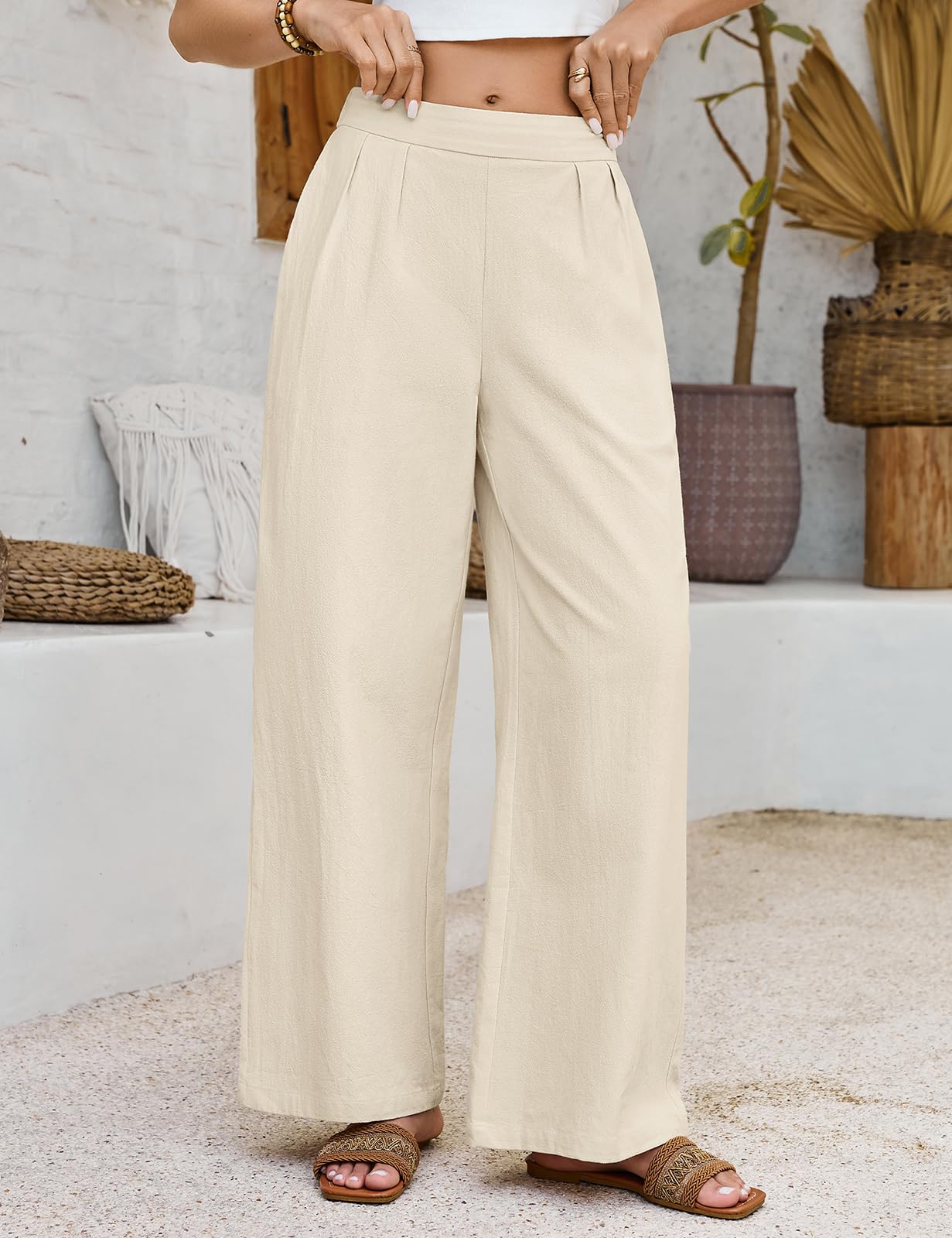 Pantalon Fluide Femme Été Coton Chic Leger Large Taille Elastique Décontractés en Tissu Confortables Plage avec Poche