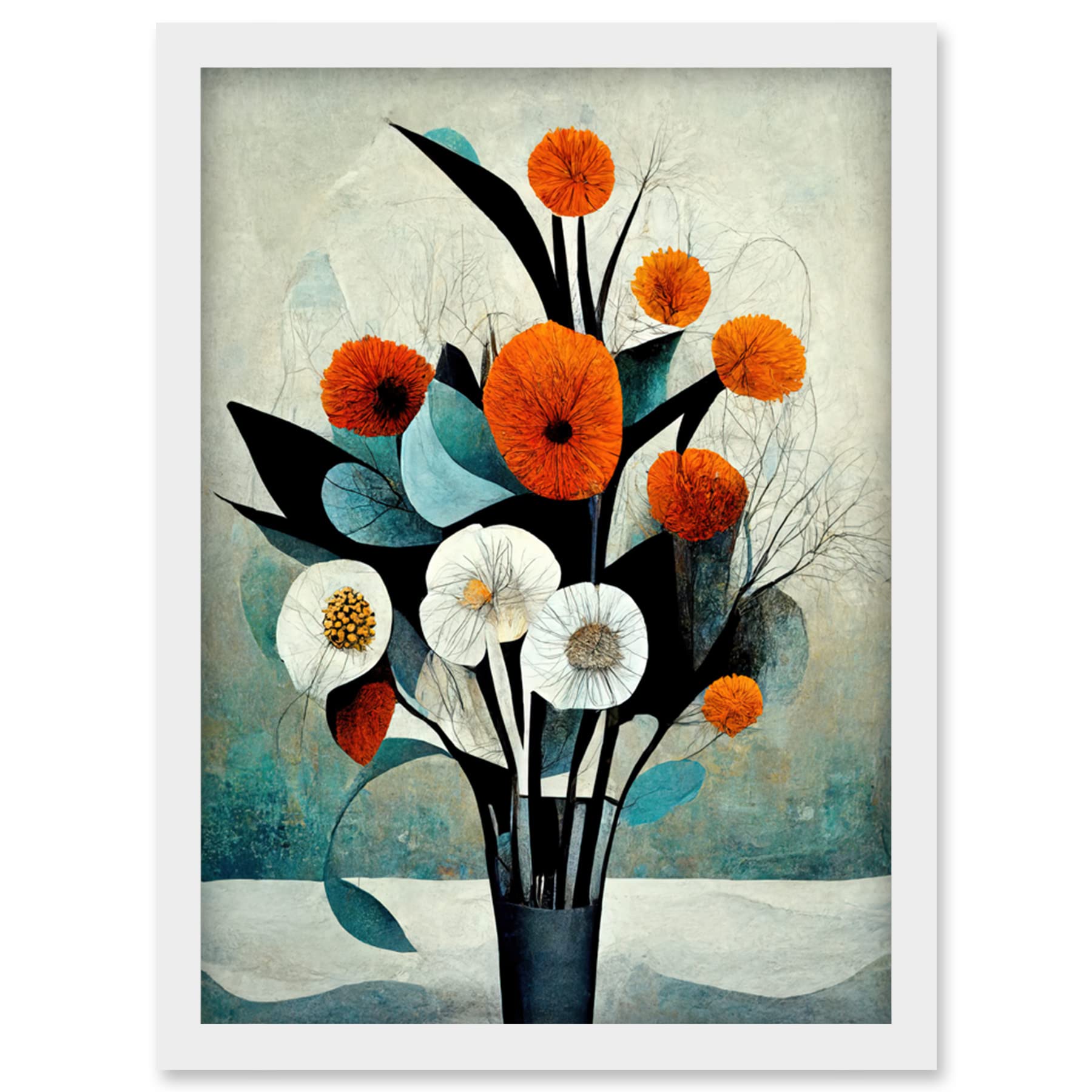 Doppelganger33 LTD Flowers Floral Display Bouquet Modern Abstract Teal Orange Artwork Framed Wall Art Print A4