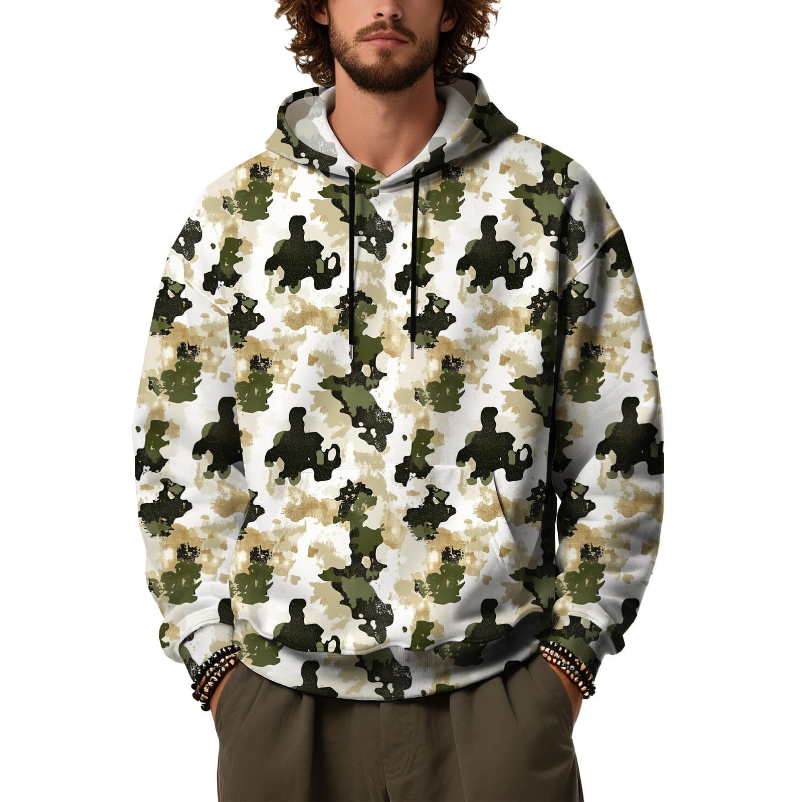 Sudadera beige con capucha para hombre talla L y estampado de ganso 7