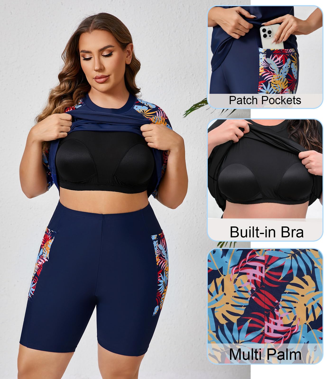 Halcurt Brasier integrado para mujer, camiseta de natación de dos piezas y pantalones cortos con bolsillos