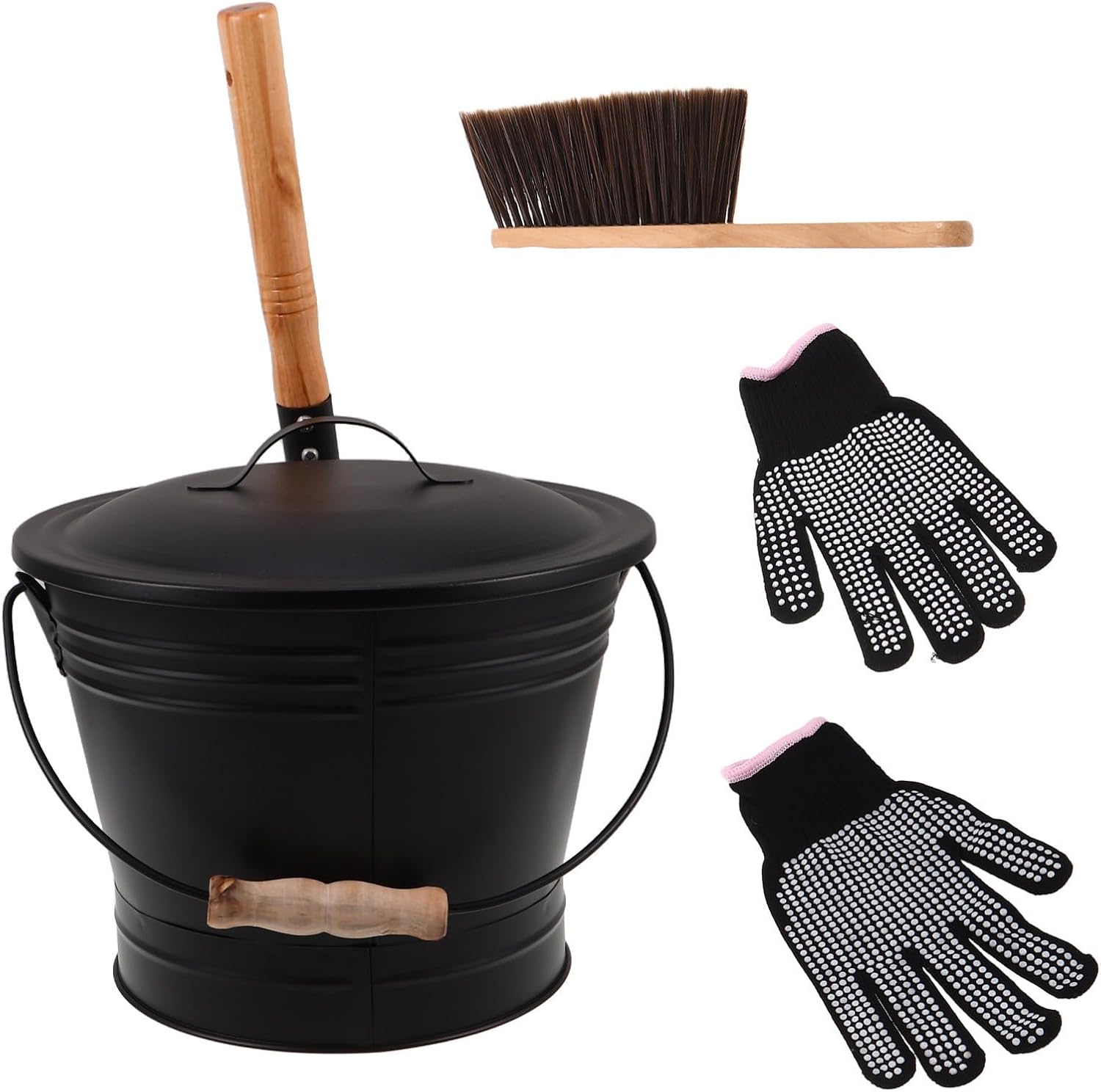 Fireplace Ash Bucket Set 2.51 Gallon Carbon Steel Black