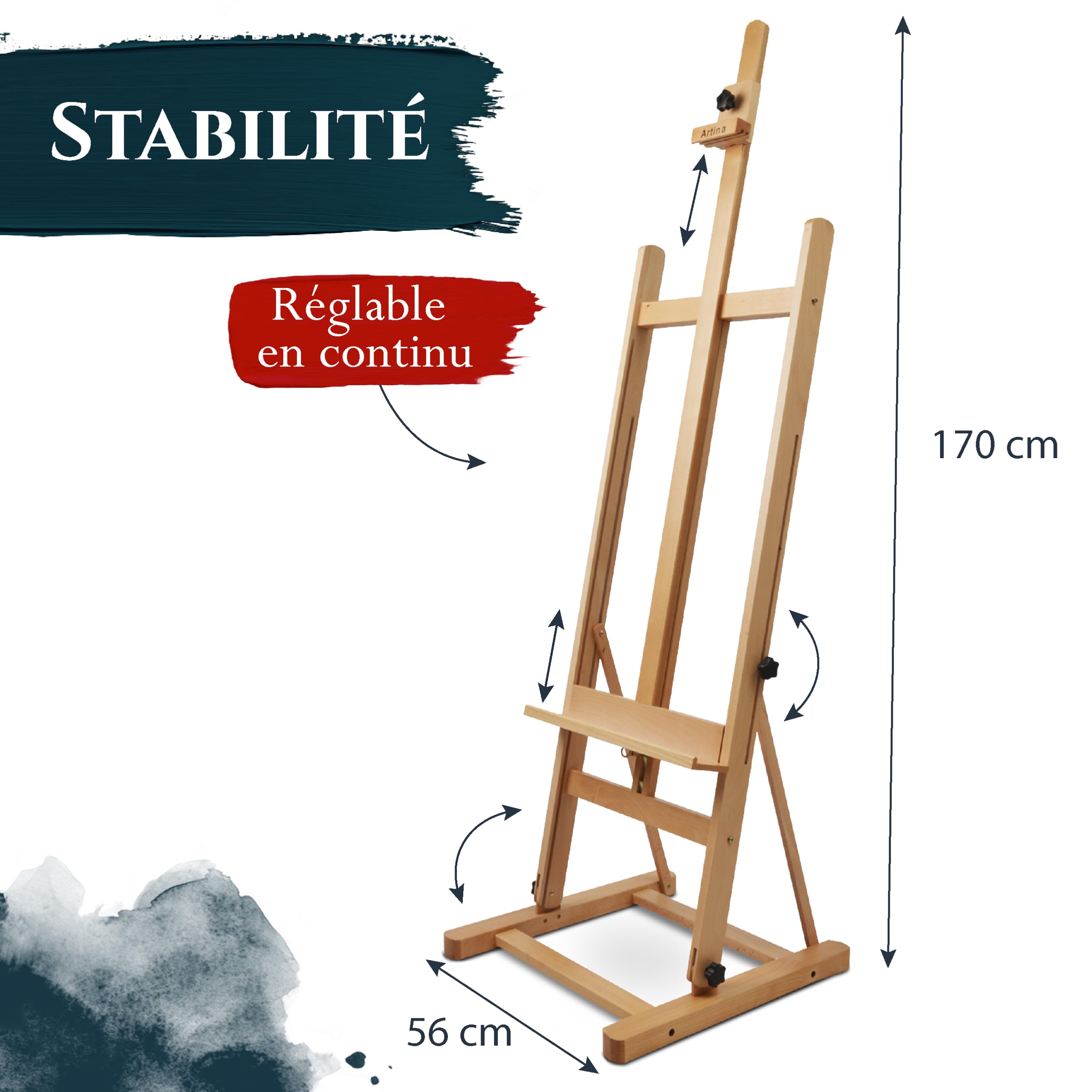 Artina chevalet bois massif hêtre huilé pour toiles jusqu'à 125cm grand