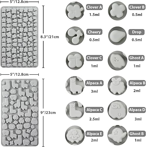 Miniatura 3 de Moldes de silicona de animales y flores, bandeja de gelatina de chocolate con 2 goteros que crea 260 alpaca, trébol, animales, arco iris y nube,