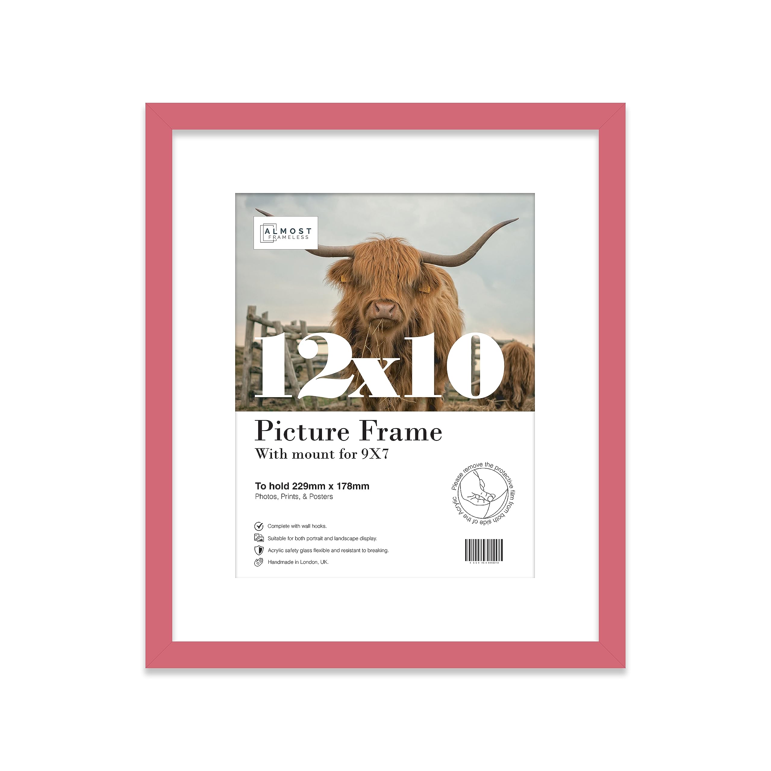 Almost Frameless 12x10 Pink Picture Frame With Mount for 9x7 Print, Poster or Photo Poster, Photo, Artwork, or Print. Thin Edge Slim Frame Portrait and Landscape Display with Wall Hooks