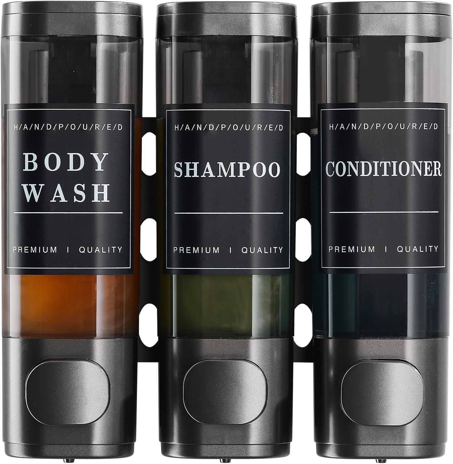 Cabo Deseado Distributeur de shampooing et d'après-shampoing pour salle de bain - Distributeur de savon mural pour douche - Sans perçage - 2 x 300 ml - Gris foncé - 2 chambres avec étiquettes étanches