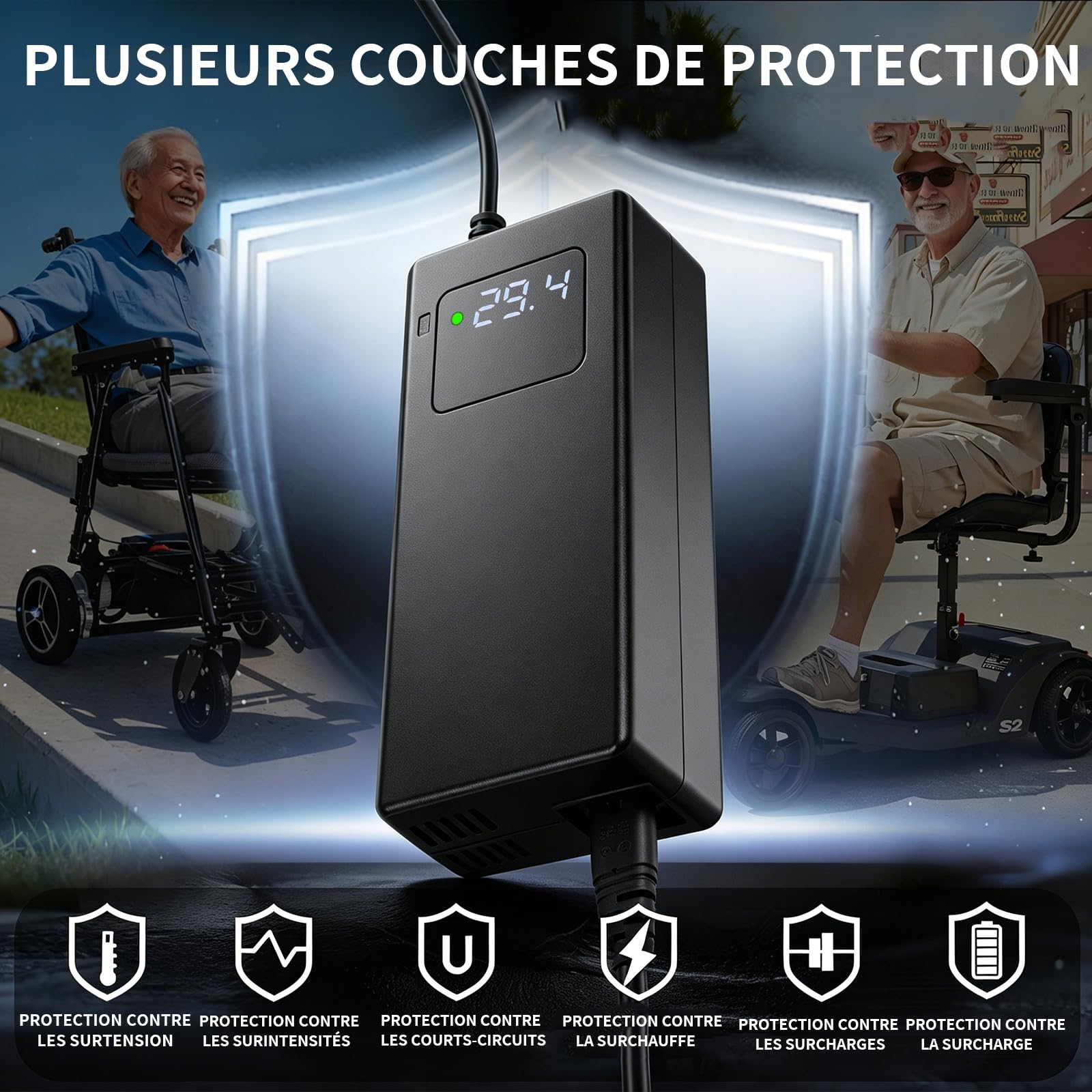 Chargeur 29,4V 4A Batterie 24V pour Fauteuil électrique | Écran tension, ventilateur refroidissement, protections, XLR 18mm, compatible véhicule léger