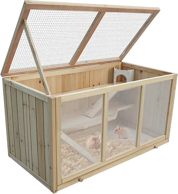 Hamsterkäfig aus Tannenholz mit Plattformen, Leiter & Hütte - 94,5x48,5x49,5 cm