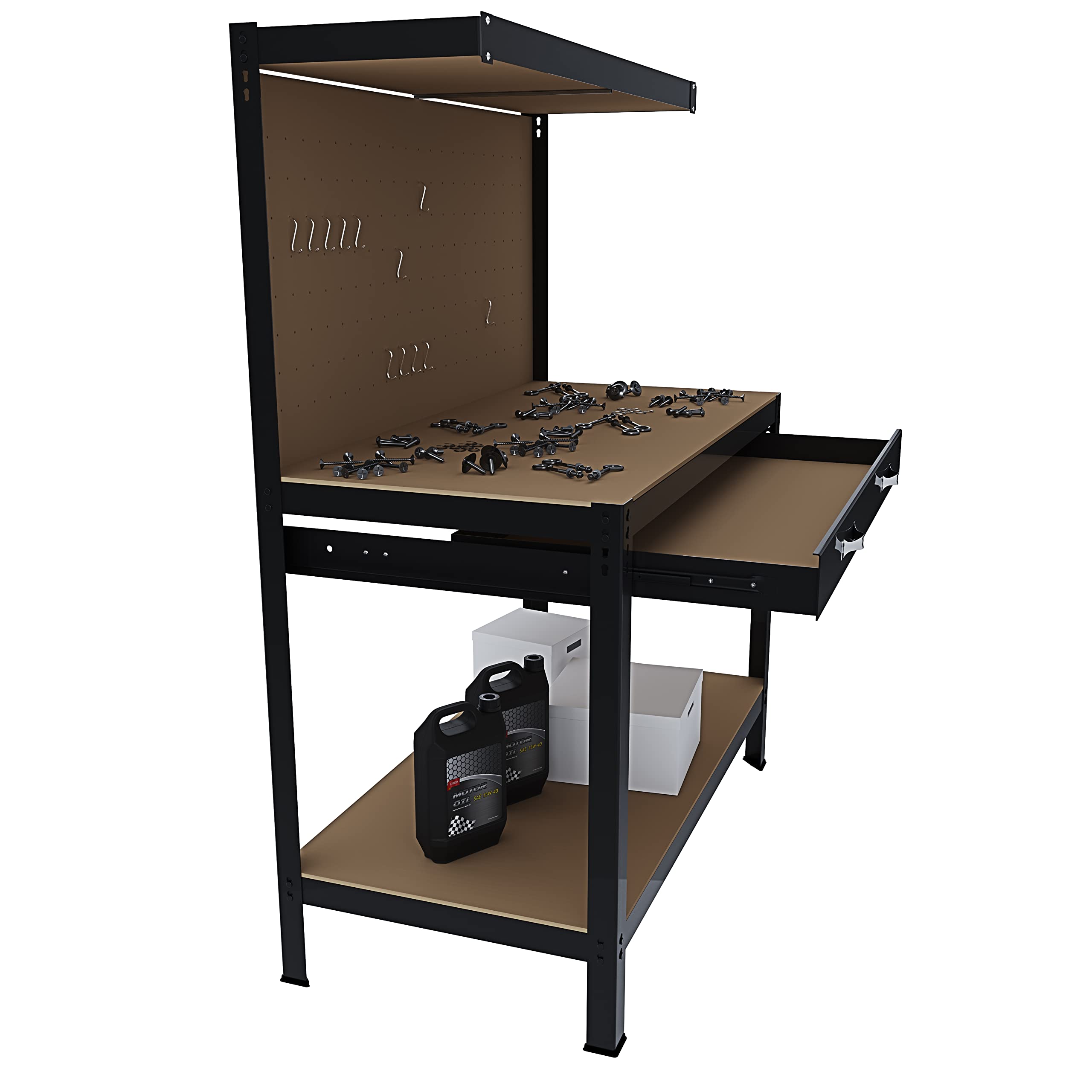Banco da Lavoro 3 Livelli 120x60 cm 370 kg Cassetto Pannello Forato Nero