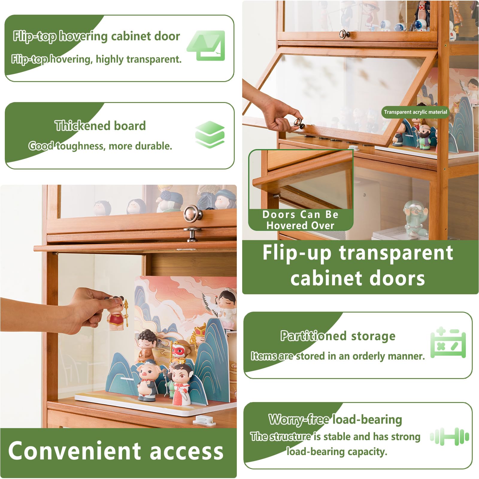 Vitrinenschrank Bambus-Aufbewahrungsschrank, Vitrine mit AcryltüR, Curio-SchräNke, Flip-Schranktür-Design, ist staubdicht und leicht zu reinigen Sich für Schlafzimme Eckvitrine-Coffee(60×32×40cm)
