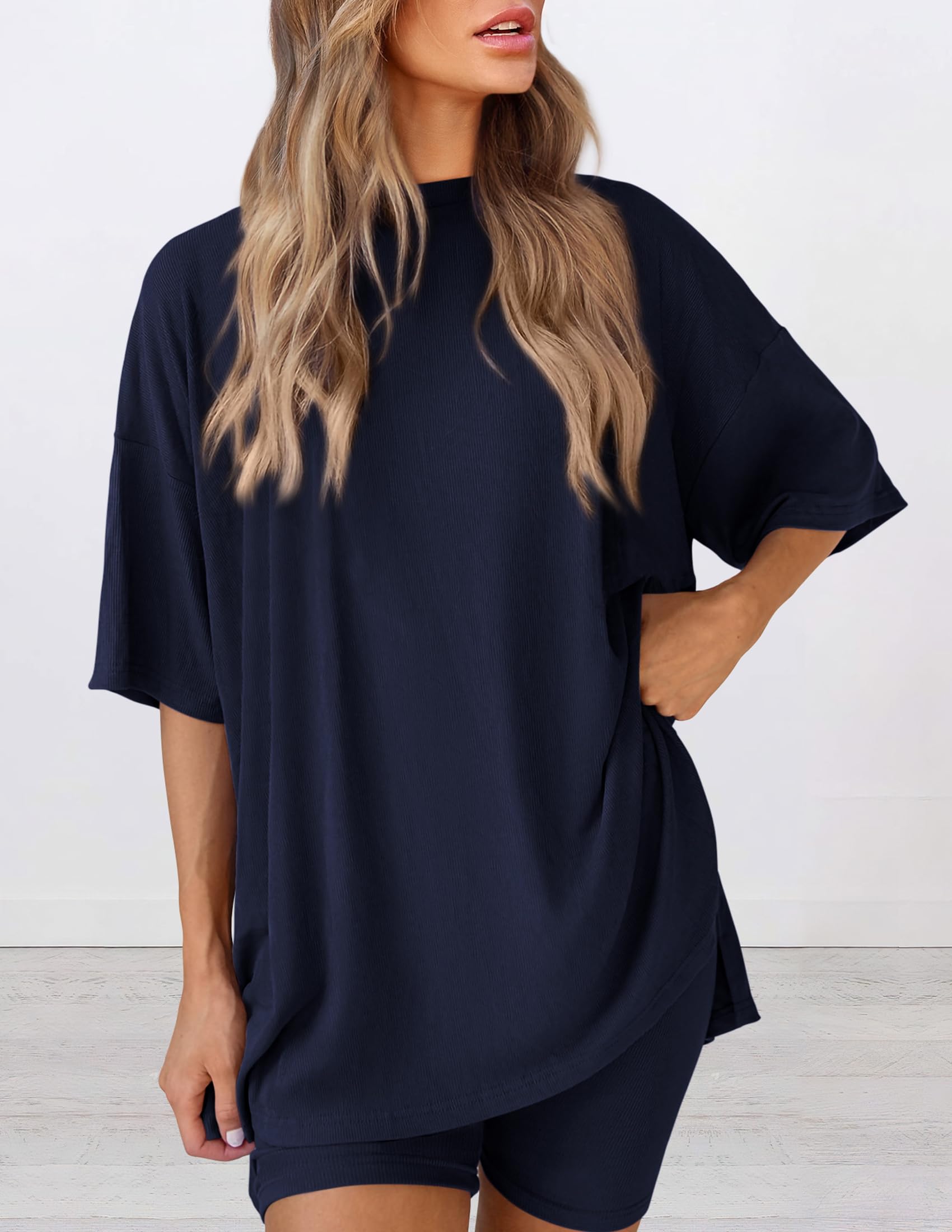 PRETTYGARDEN Women 2 Piece Lounge Set 2026 Summer Casual Oversized Shirts Biker Shorts Matching Airport Travel Outfit Clothes - 4