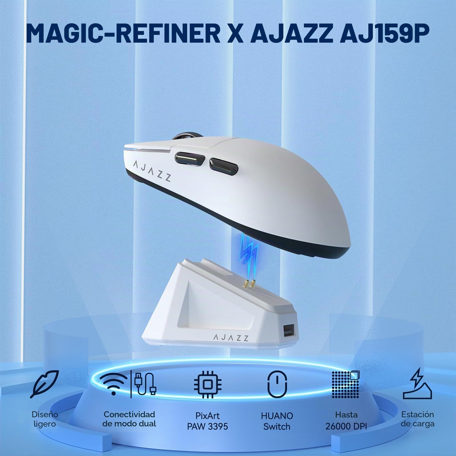 MAGIC-REFINER X AJAZZ Ratón Inalámbrico para Juegos AJ159P Superlight con Base De Carga Magnética RGB, 2.4G/USB-C, Sensor PAW3395, 26000DPI, 6 Botones Programables, Batería De 200 Horas para PC/Mac