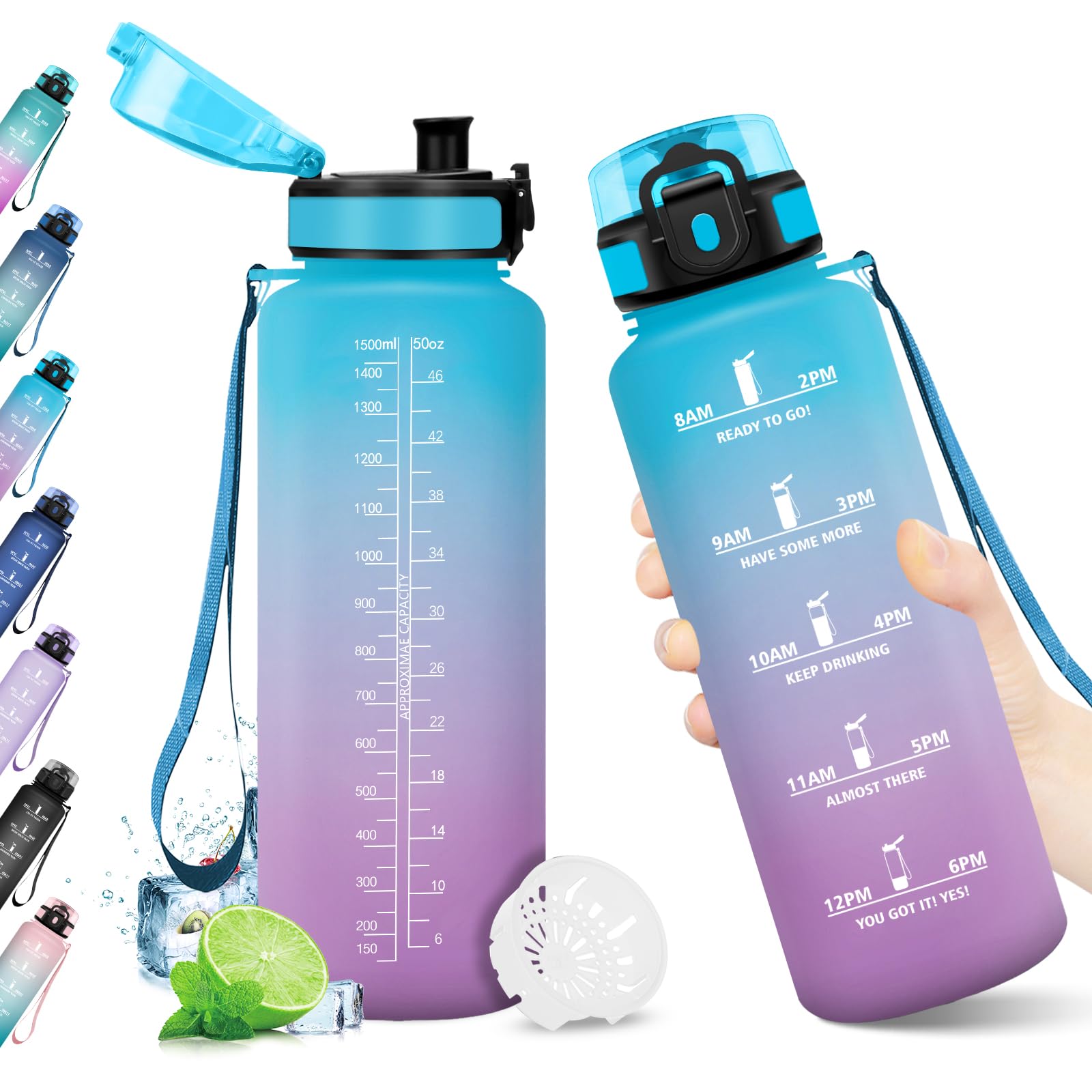 KollyKolla Borraccia 1.5L, Bottiglia Acqua Riutilizzabile, Senza BPA, A Prova di Perdite, Borraccia Sport per Fitness, Adulti, Ufficio, Yoga