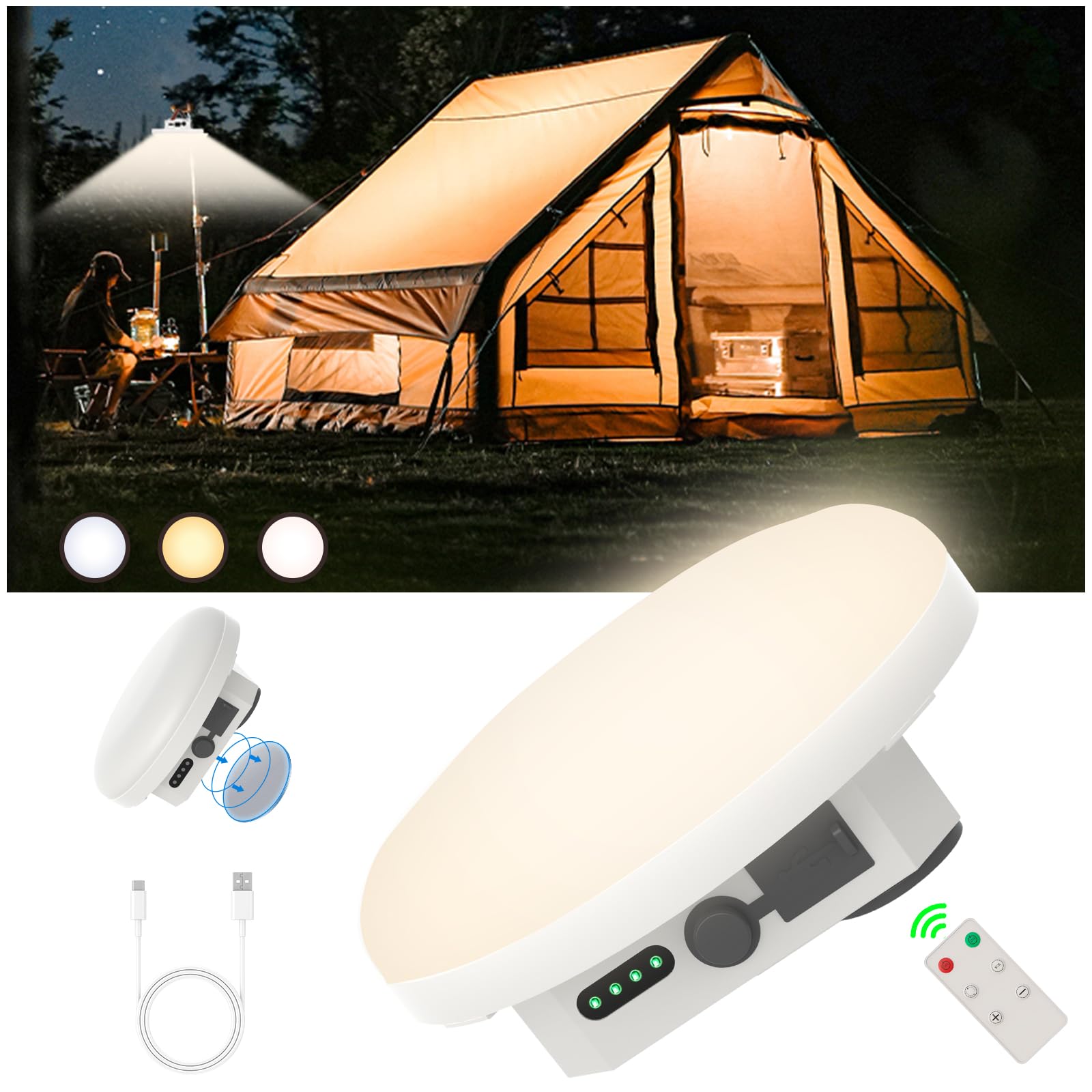 Luz LED recargable portátil para tienda de campaña, linterna colgante con control remoto, IPX5 impermeable para exteriores con alimentación de batería, luz de lámpara de campamento para glamping en