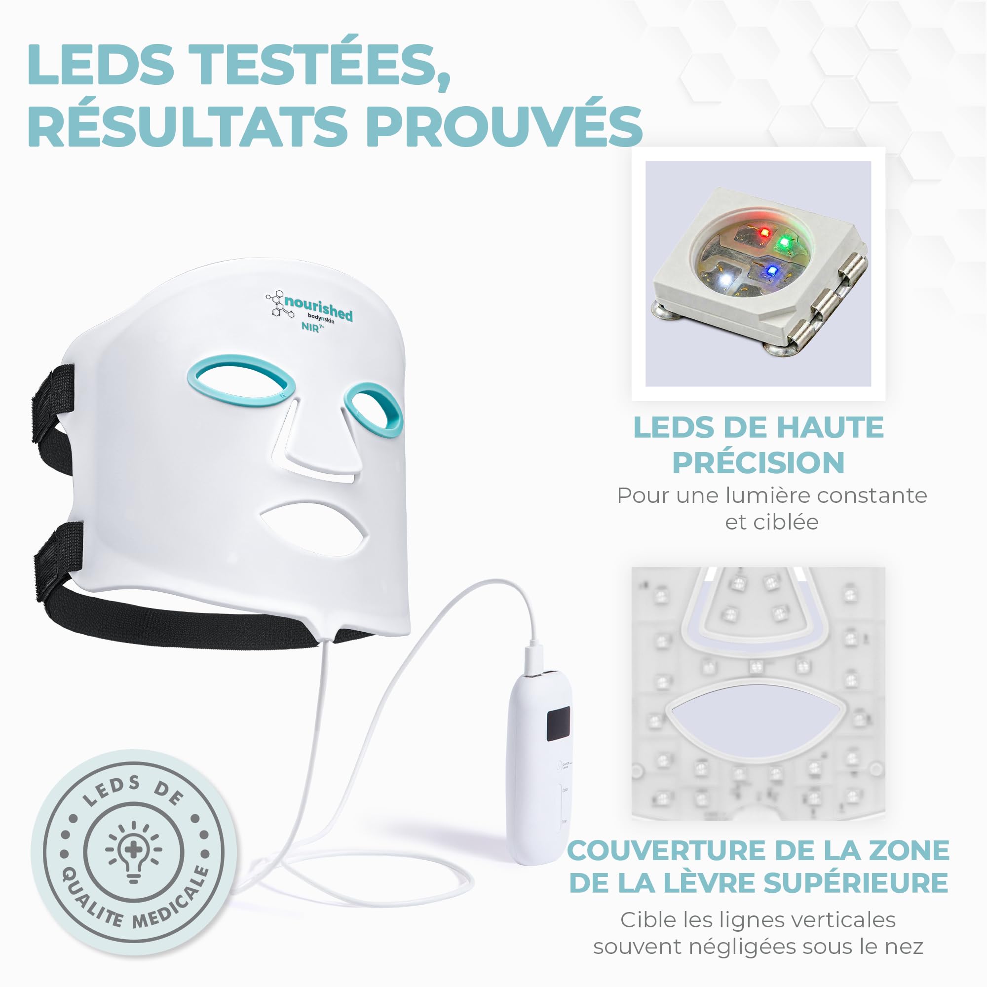 Nourished Bodynskin Masque facial LED 7 couleurs avec infrarouge proche - Luminothérapie bleue, rouge pour le visage - 456 LED - Outil de soin pour les rides, anti-âge