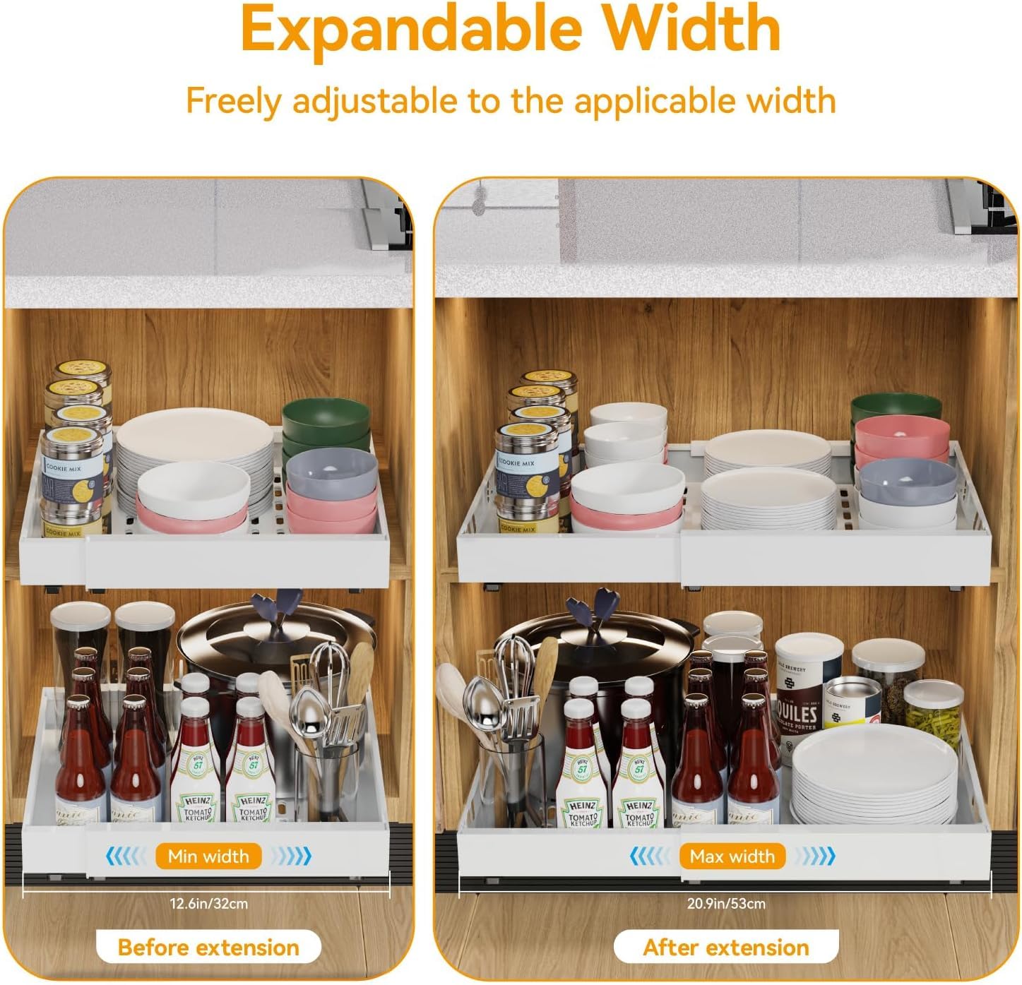 iHomara Set da 2 organizer estraibili adesivi per armadi da cucina, cassetti scorrevoli e ripiani per l'organizzazione della dispensa, larghezza regolabile da 32 a 53 cm