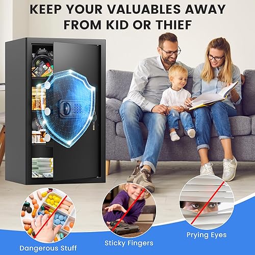 Miniatura 7 de Caja fuerte grande de 2.48 pies cúbicos para el hogar, caja fuerte para documentos con estante extraíble y bolsa impermeable ignífuga, cajas fuertes