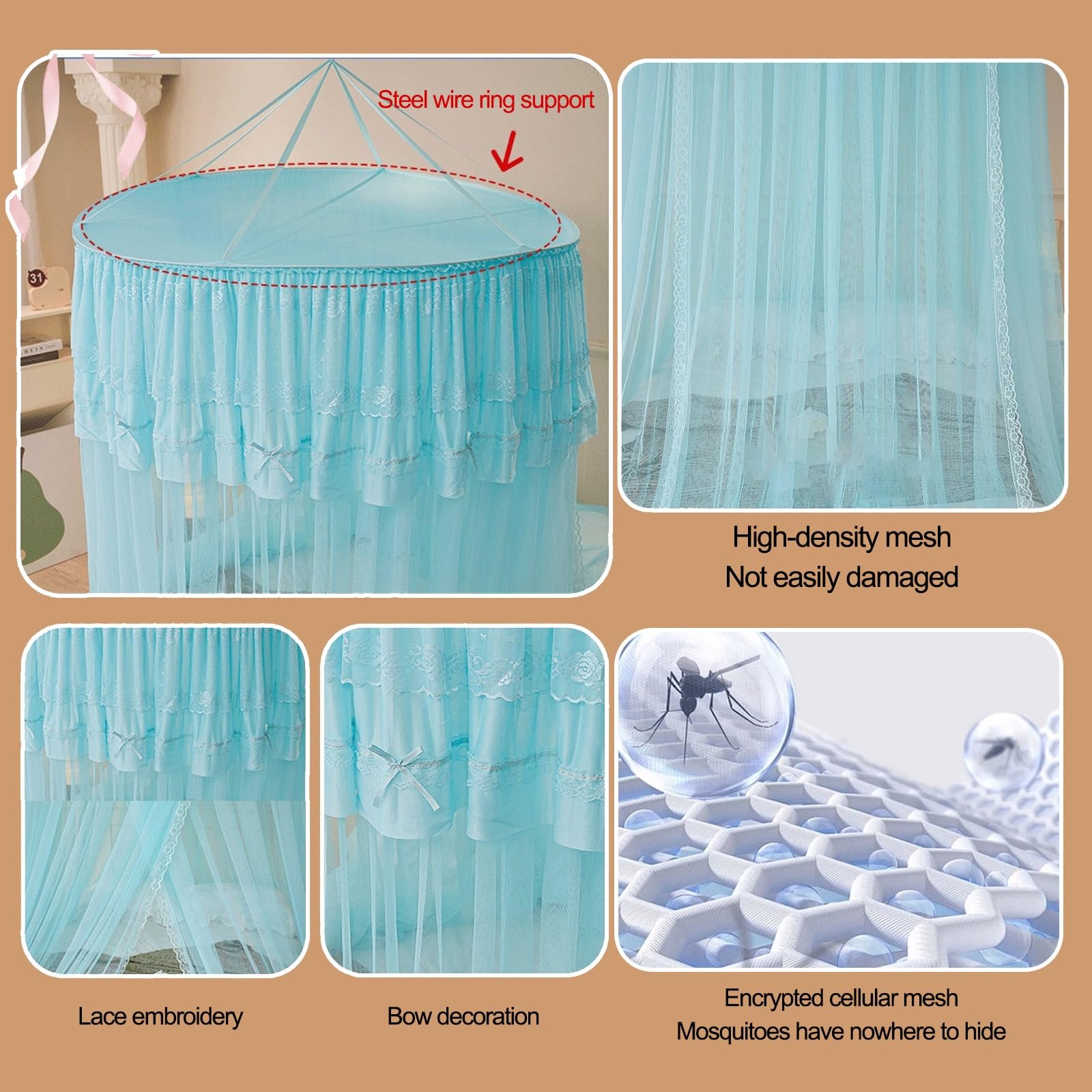 SARKEY Prinzessinnen Betthimmel,Atmungsaktives Mesh Zelt Bett Vorhang,Runde Kuppelspitze,Feines Durchsichtiges Netz,Erwachsene,Hochzeit,Schlafzimmer Dekoration(Light Blue)