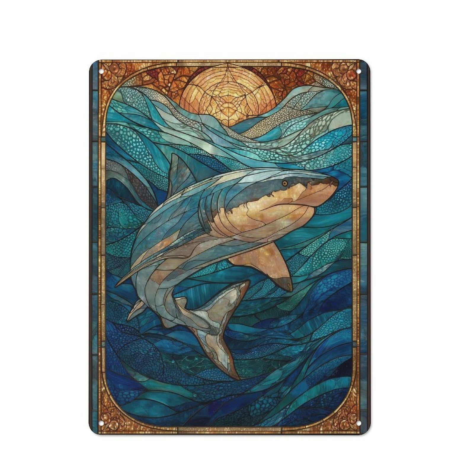 Junmoney Stained Glass Shark Undersea Industrial-Style Metal Plaque 40X30cm For Hallway Wall, A Winter Wall Decor Update For Hallway Decor Lovers