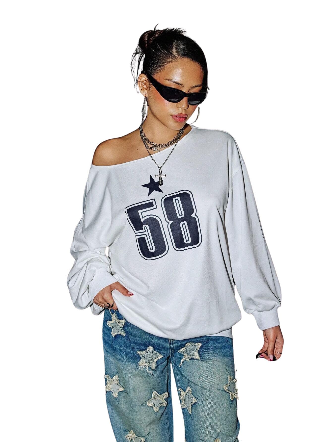 sxv style Casual White Long Sleeve Sweatshirt with Star Design, Navy Number 58 Graphic Print, Oversized Fit-picture-26