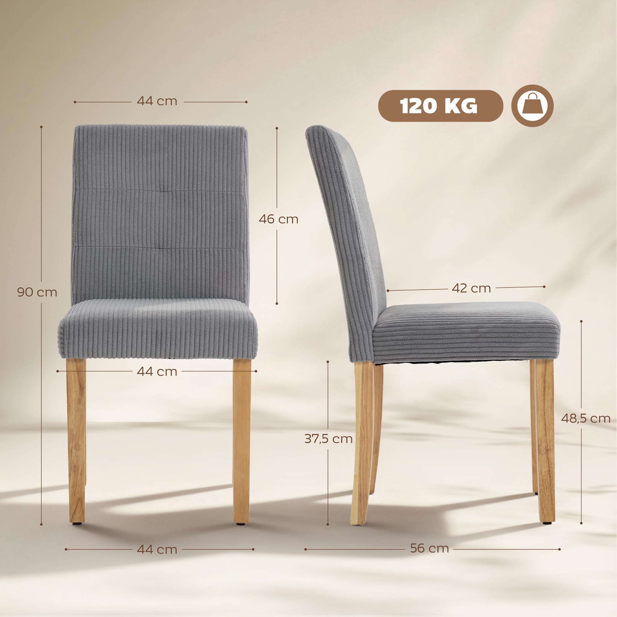 HOMCOM Pack de 4 Sillas de Comedor, Sillas de Cocinas Modernas, Respaldo Alto, Tapizadas en Pana, Asiento Acolchado, Patas de Madera, para Salón, Gris
